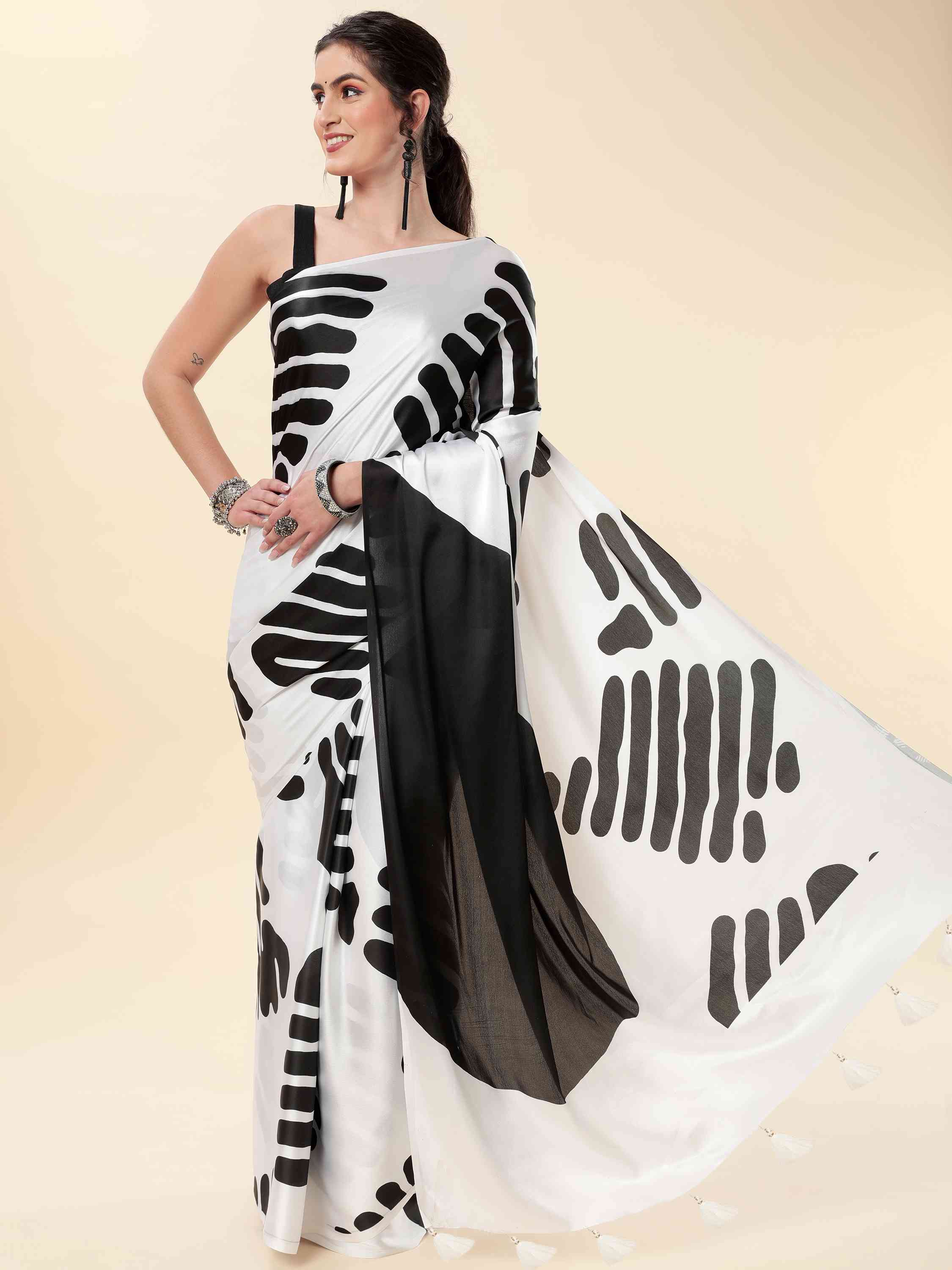 MODAL SATIN MONOCHROME GEOMETRIC PRINT LIVA SAREE