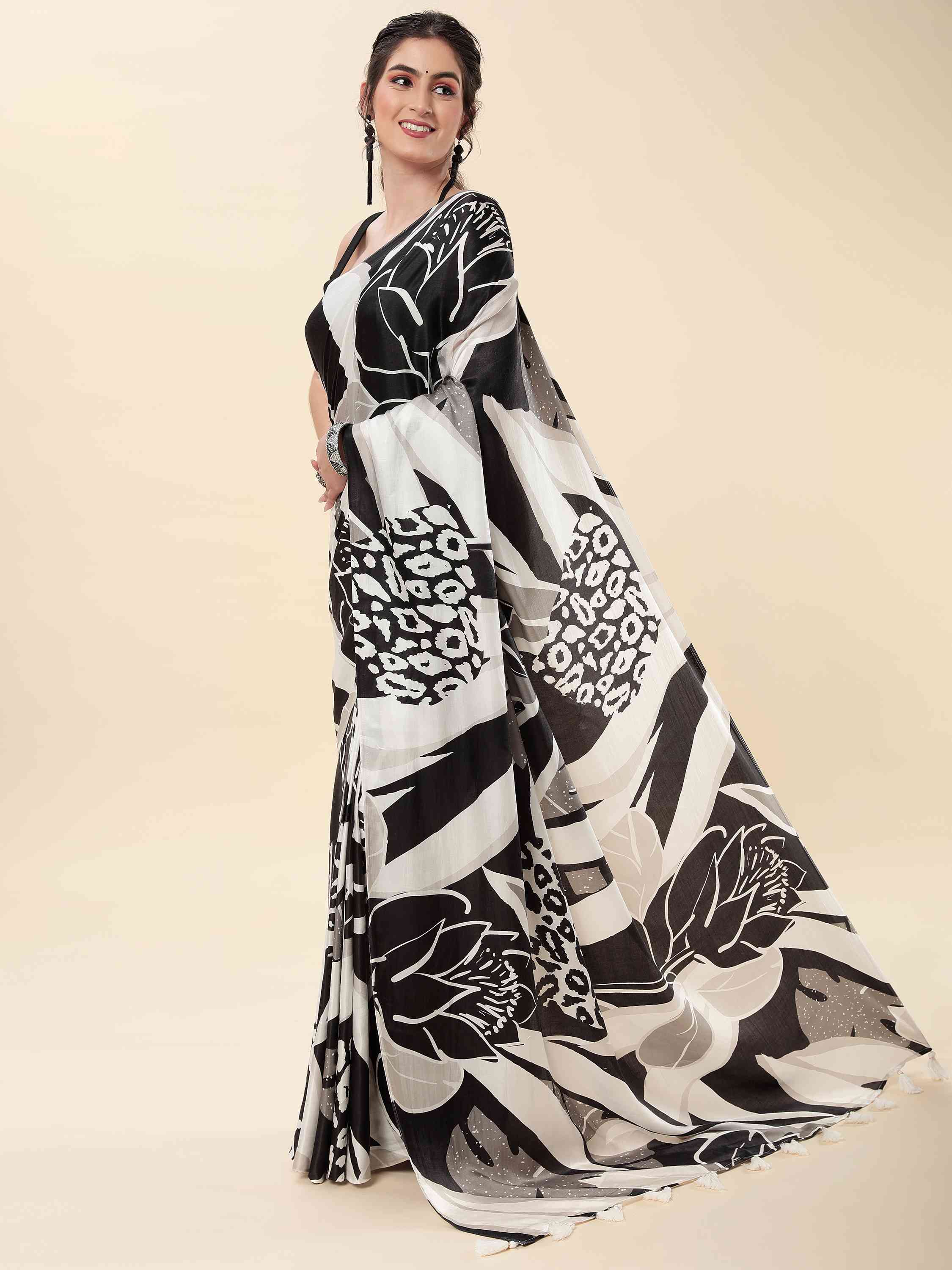 MODAL SATIN MONOCHROME FLORA FAUNA PRINT LIVA SAREE
