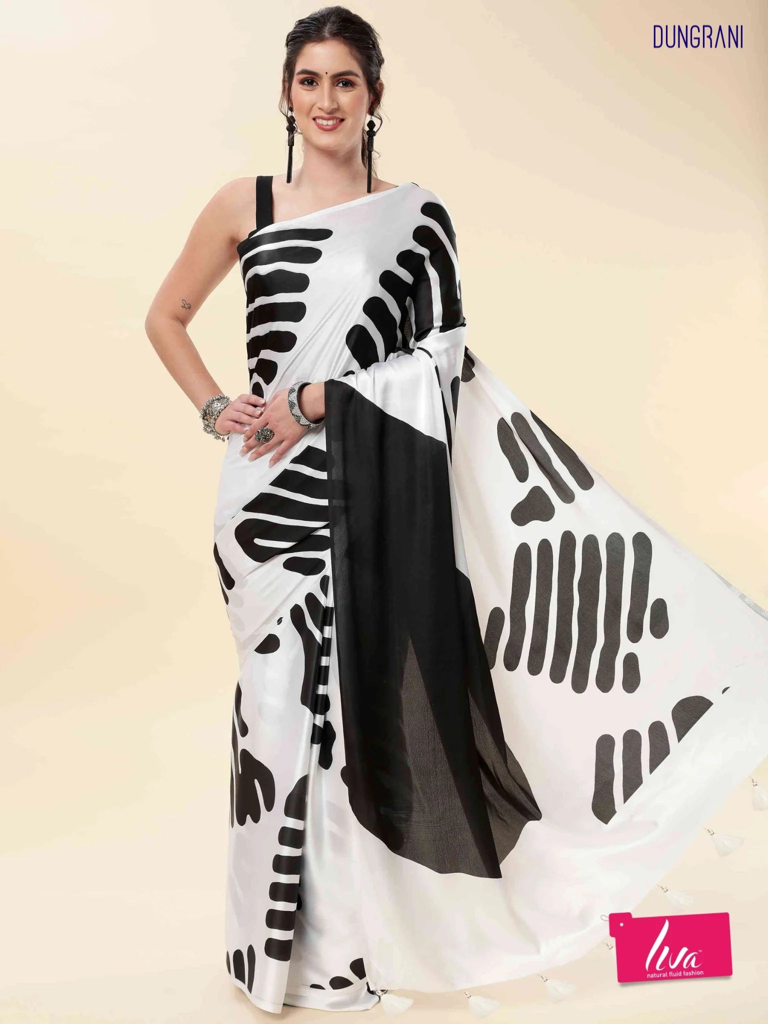 MODAL SATIN MONOCHROME GEOMETRIC PRINT LIVA SAREE