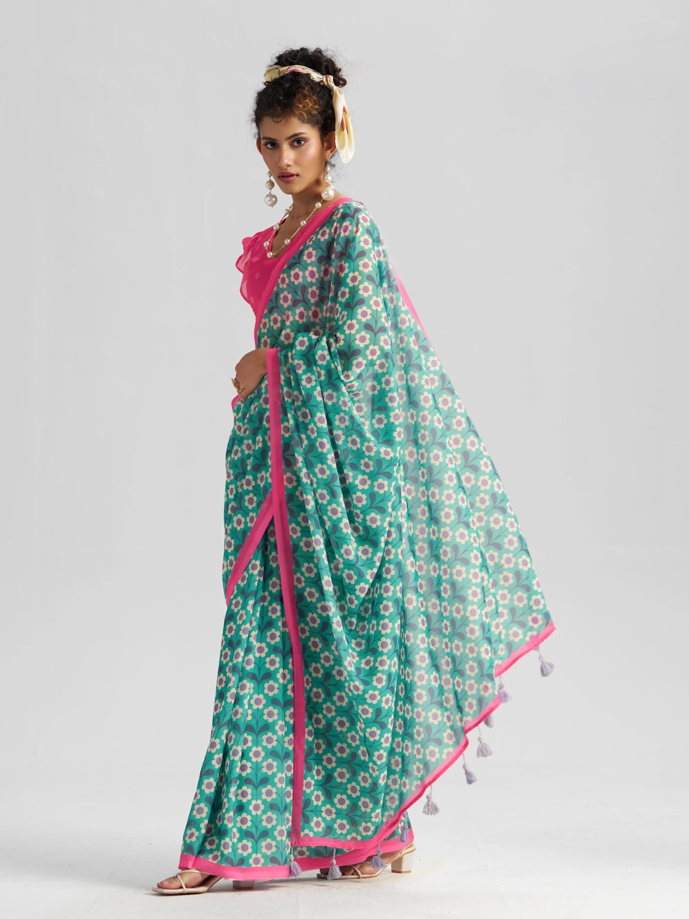 RETRO STYLE DIGITAL PRINTED RAMA GREEN GEORGETTE SAREE