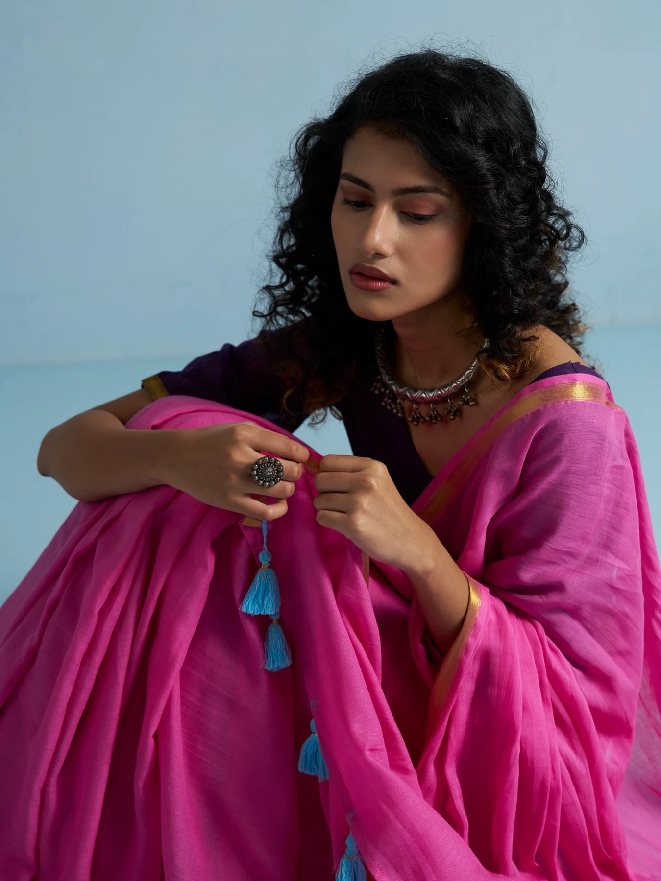VISCOSE MUL LIVA SOLID SAREE WITH BLOUSE
