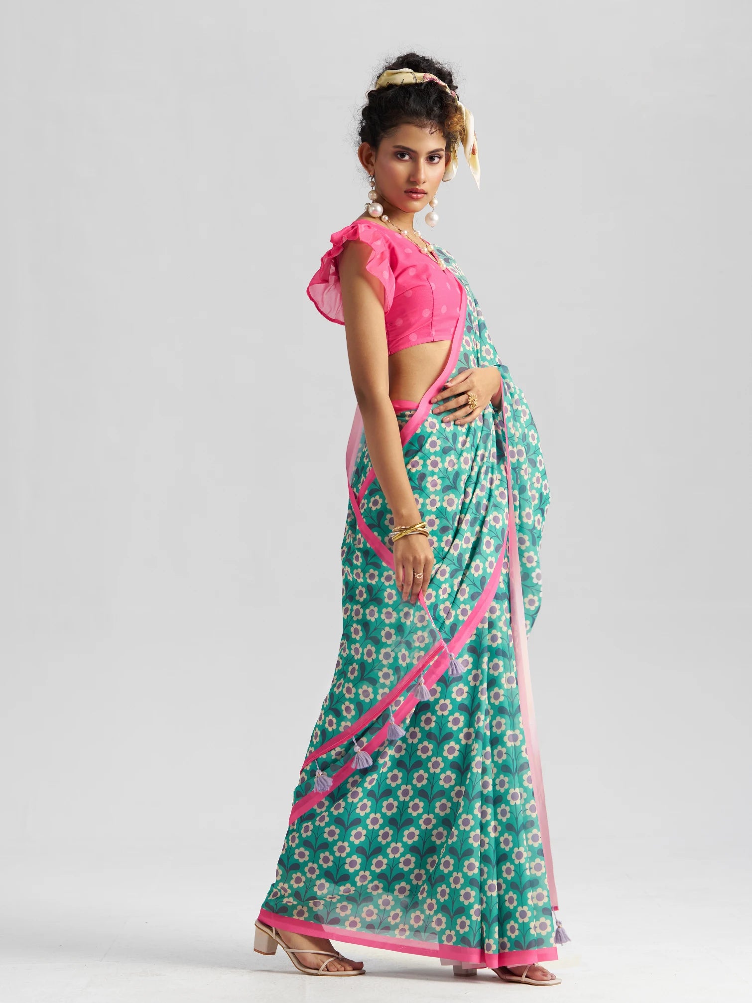 RETRO STYLE DIGITAL PRINTED RAMA GREEN GEORGETTE SAREE