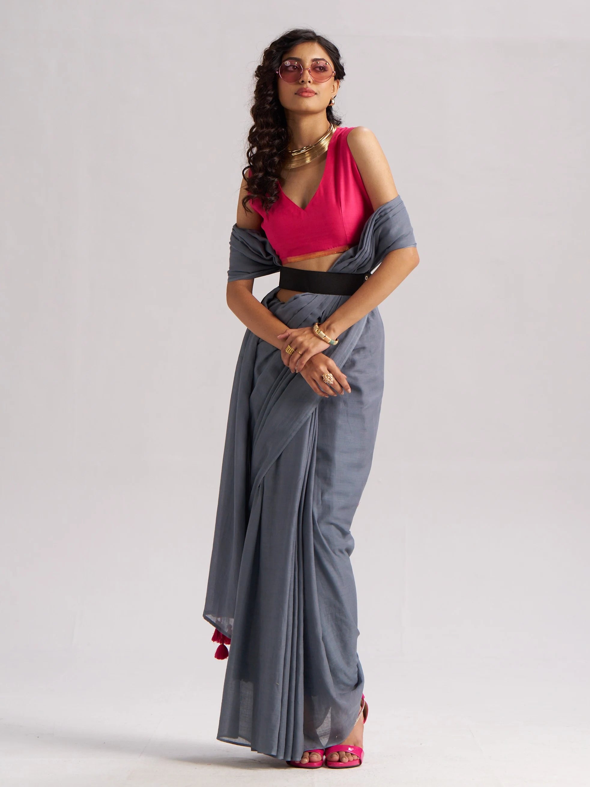 VISCOSE MUL LIVA SOLID SAREE WITH BLOUSE