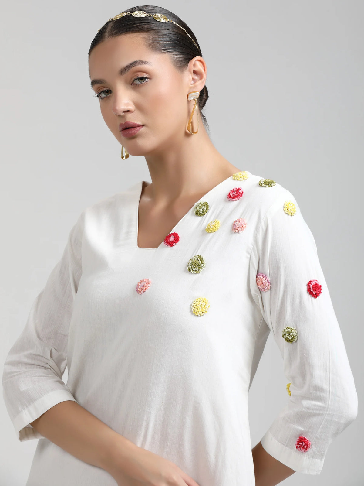 WHITE LIVA VISCOSE MULMUL COTTON HAND EMBROIDERED DRESS
