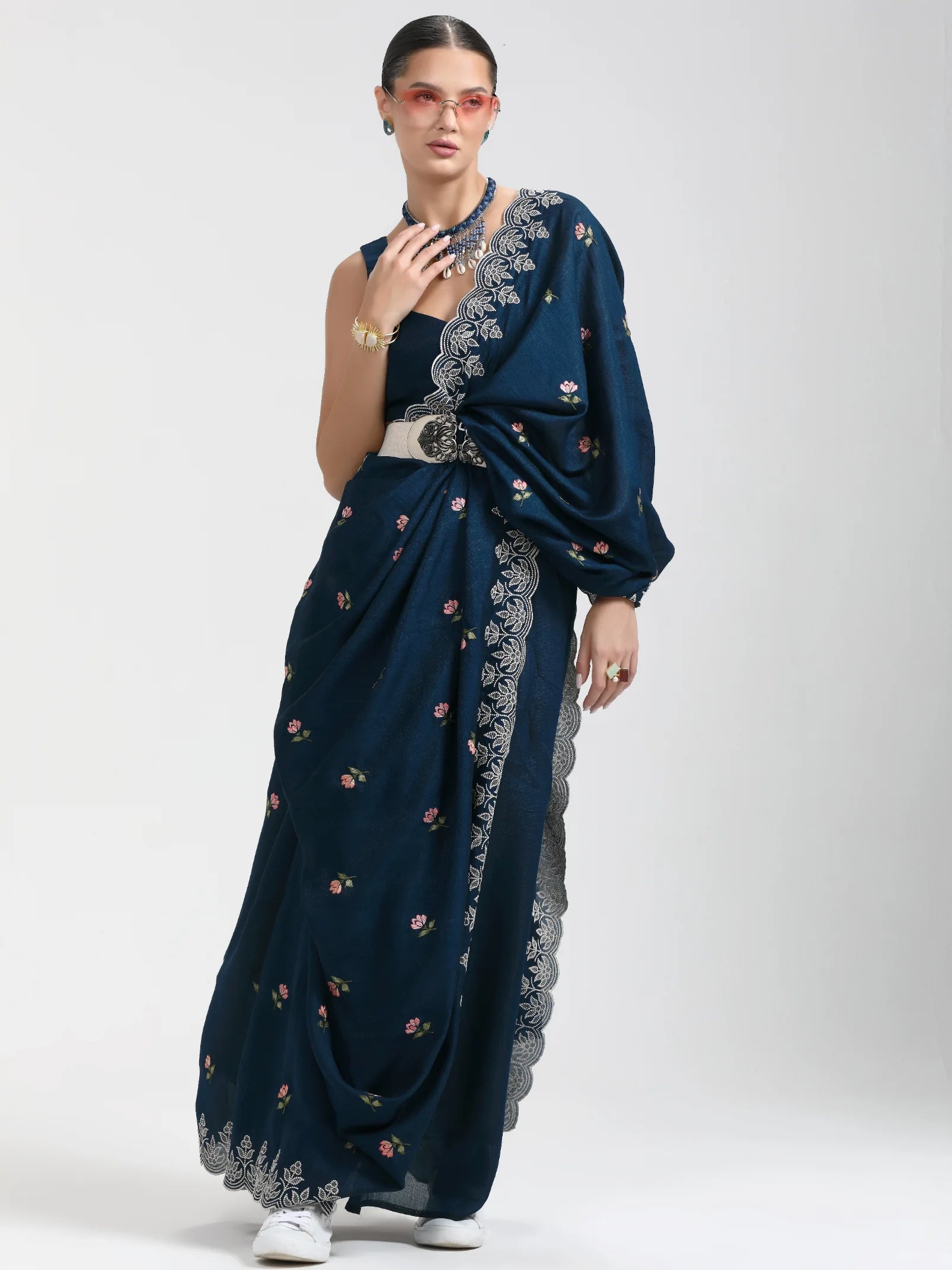 ART SILK TITANIUM LOTUS EMBROIDERY SAREE WITH BLOUSE