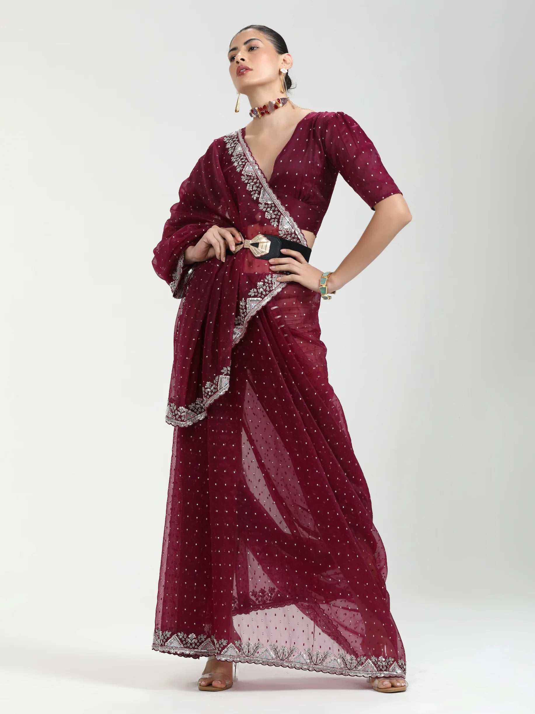 ORGANZA DUO DOTS EMBROIDERY SAREE