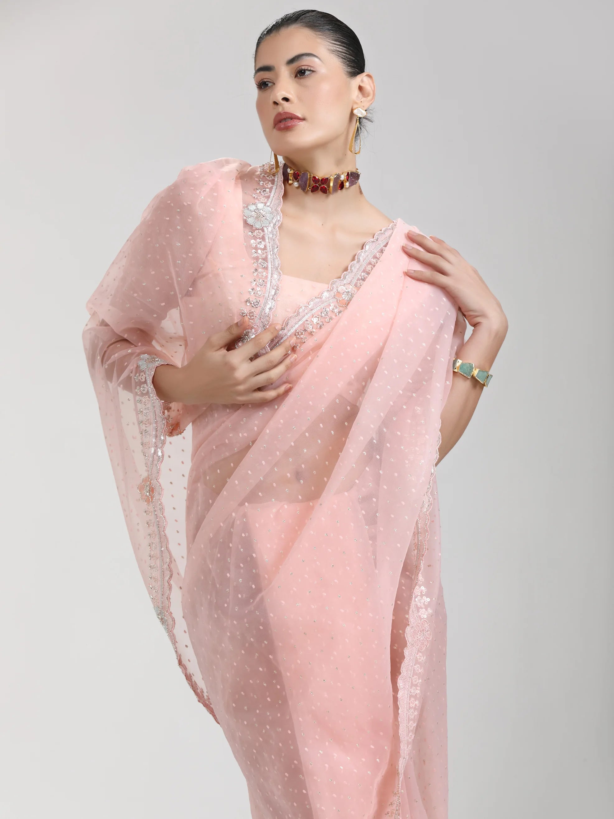 ORGANZA DUO DOTS EMBROIDERY SAREE