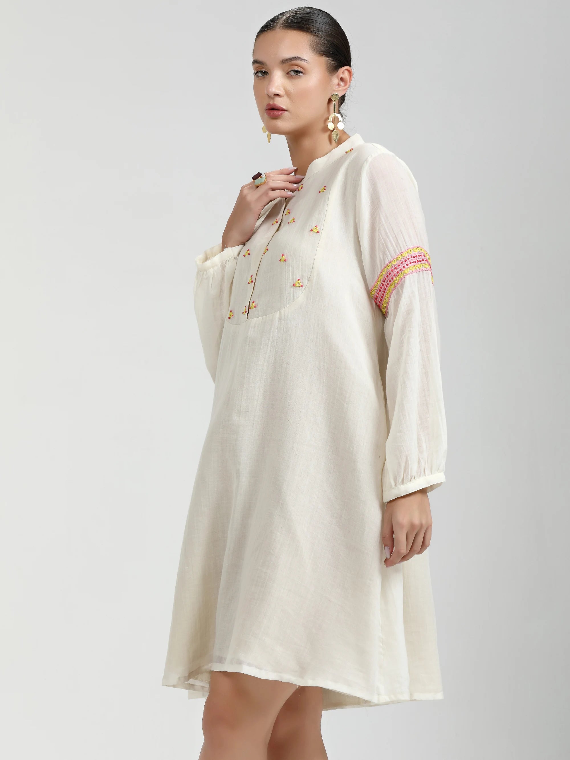 WHITE LIVA VISCOSE MUL HAND EMBROIDERED DRESS