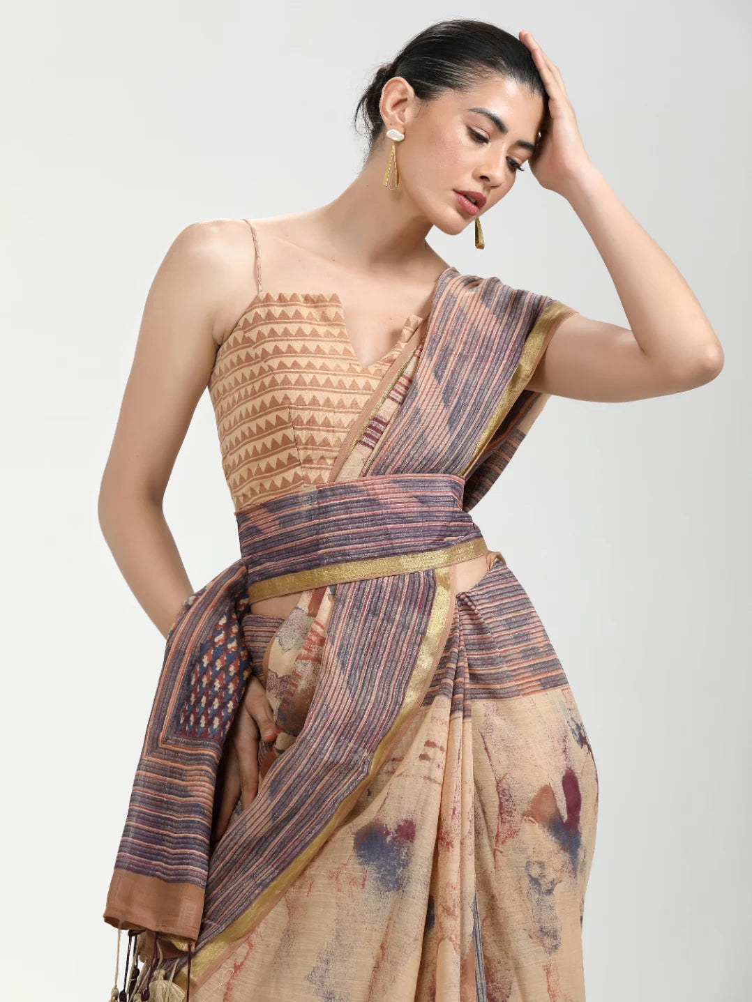 COFFEE & PURPLE SHADE VISCOSE MUL BLOCK PRINTED SAREE