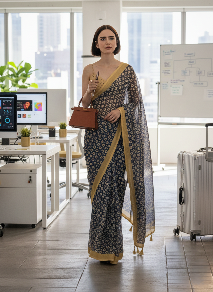 RETRO STYLE DIGITAL PRINTED MIDNIGHT BLUE GEORGETTE SAREE