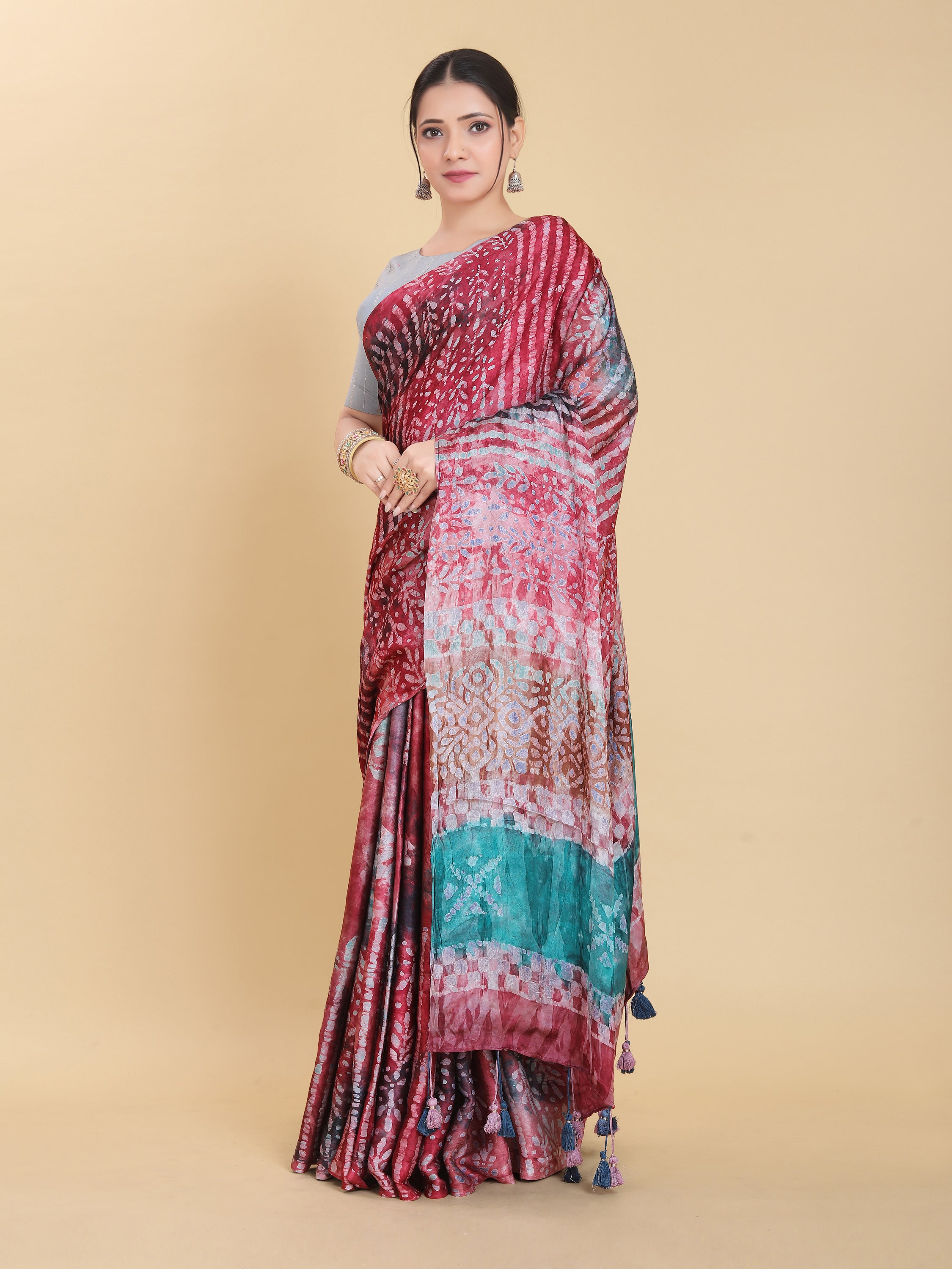 RED BEMBERG SATIN BATIK PRINTED SAREE WITH BLOUSE