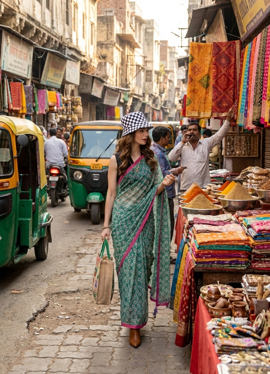 RETRO STYLE DIGITAL PRINTED RAMA GREEN GEORGETTE SAREE