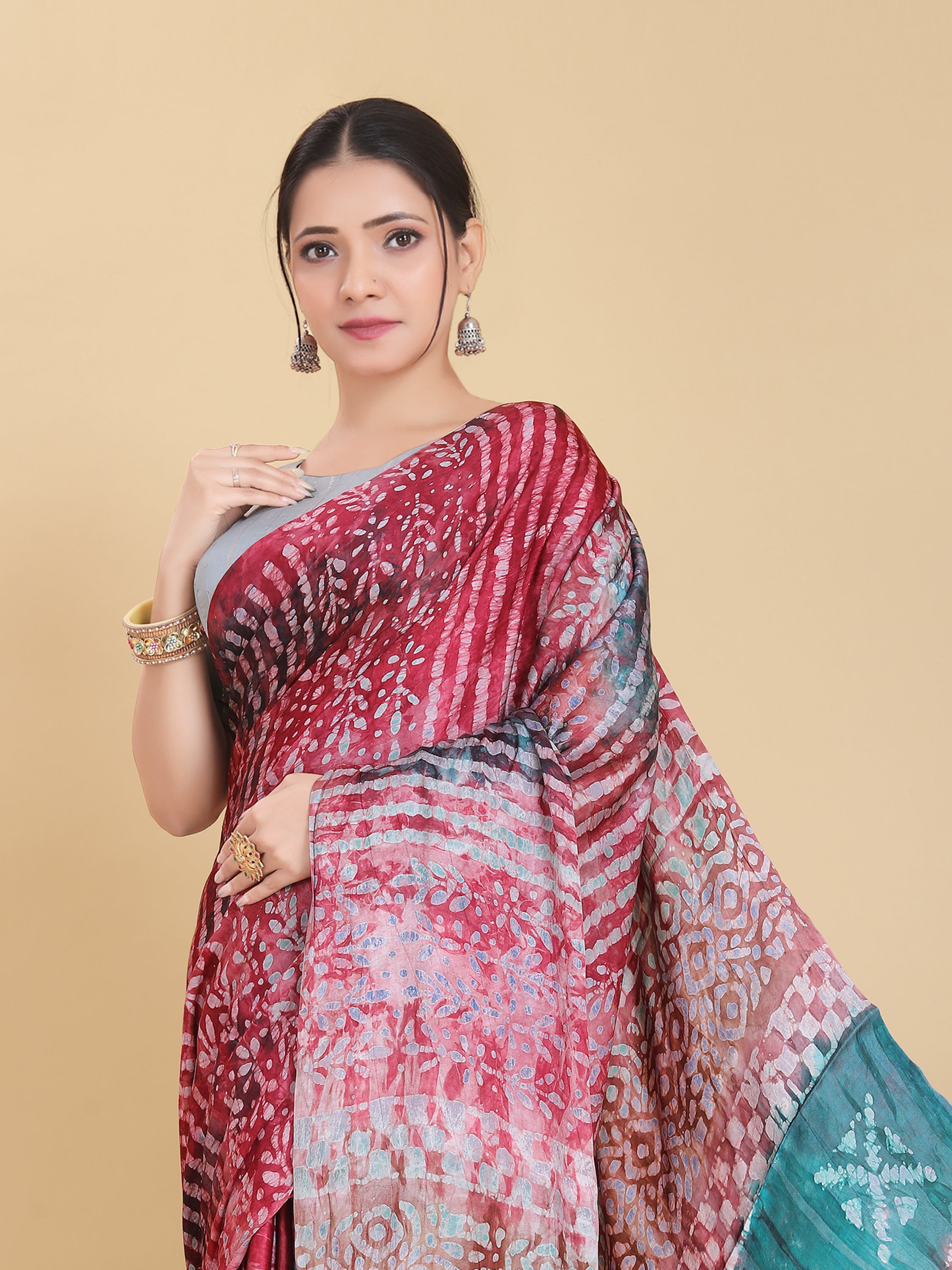 RED BEMBERG SATIN BATIK PRINTED SAREE WITH BLOUSE