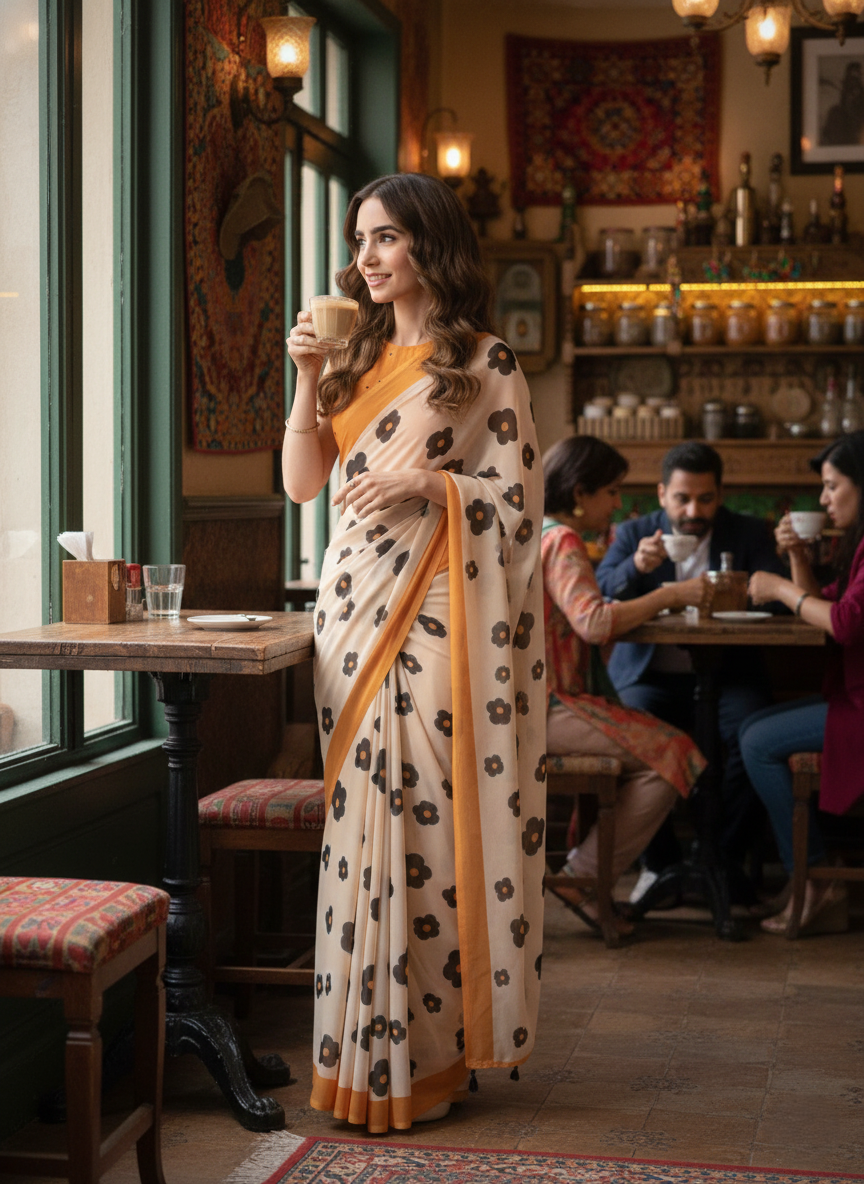 RETRO STYLE DIGITAL PRINTED MUSTARD BEIGE GEORGETTE SAREE