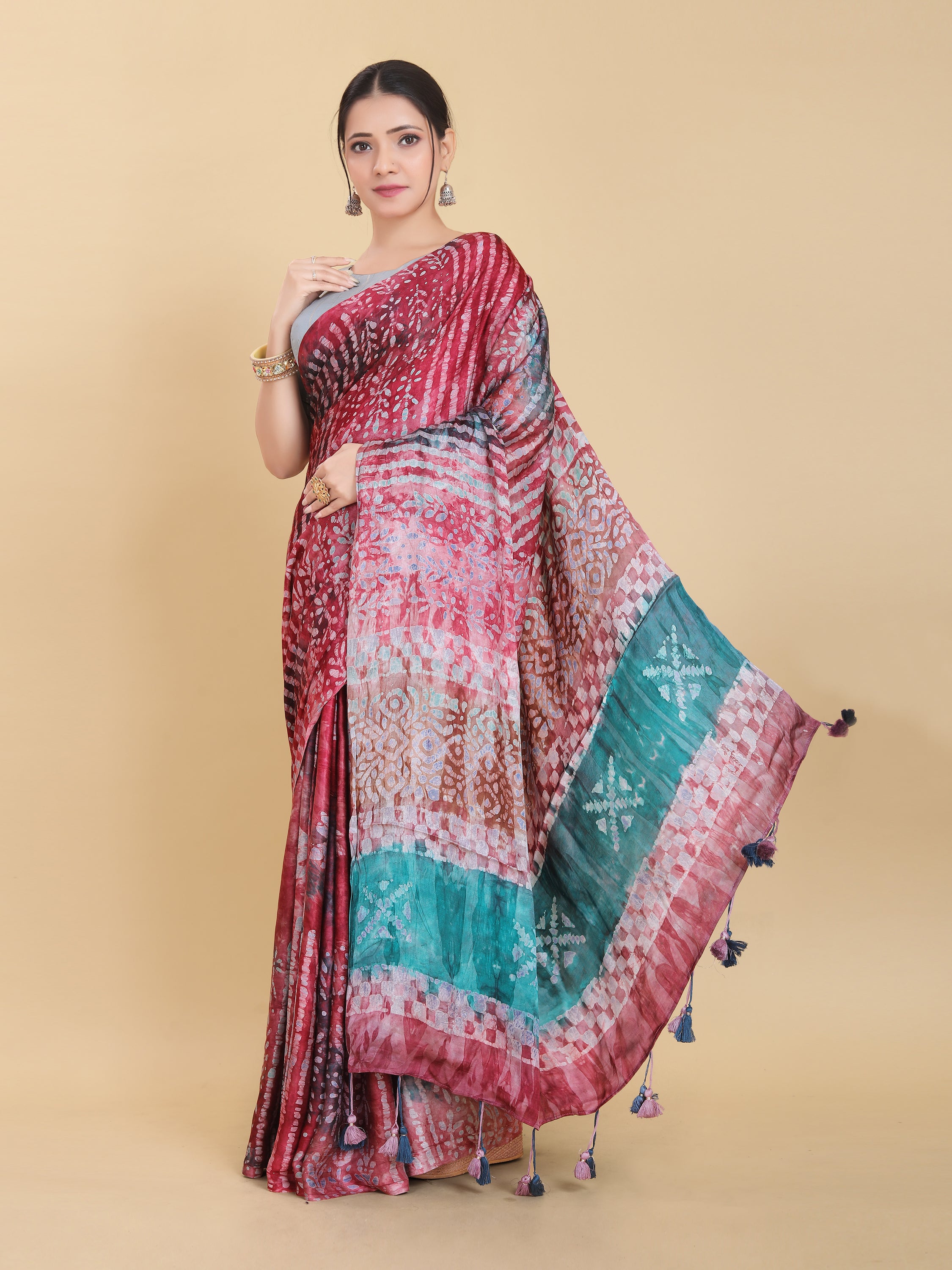 RED BEMBERG SATIN BATIK PRINTED SAREE WITH BLOUSE