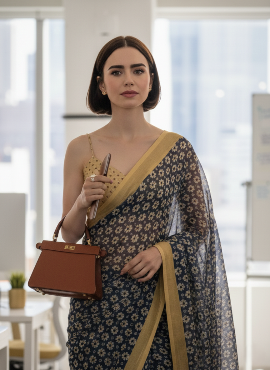 RETRO STYLE DIGITAL PRINTED MIDNIGHT BLUE GEORGETTE SAREE