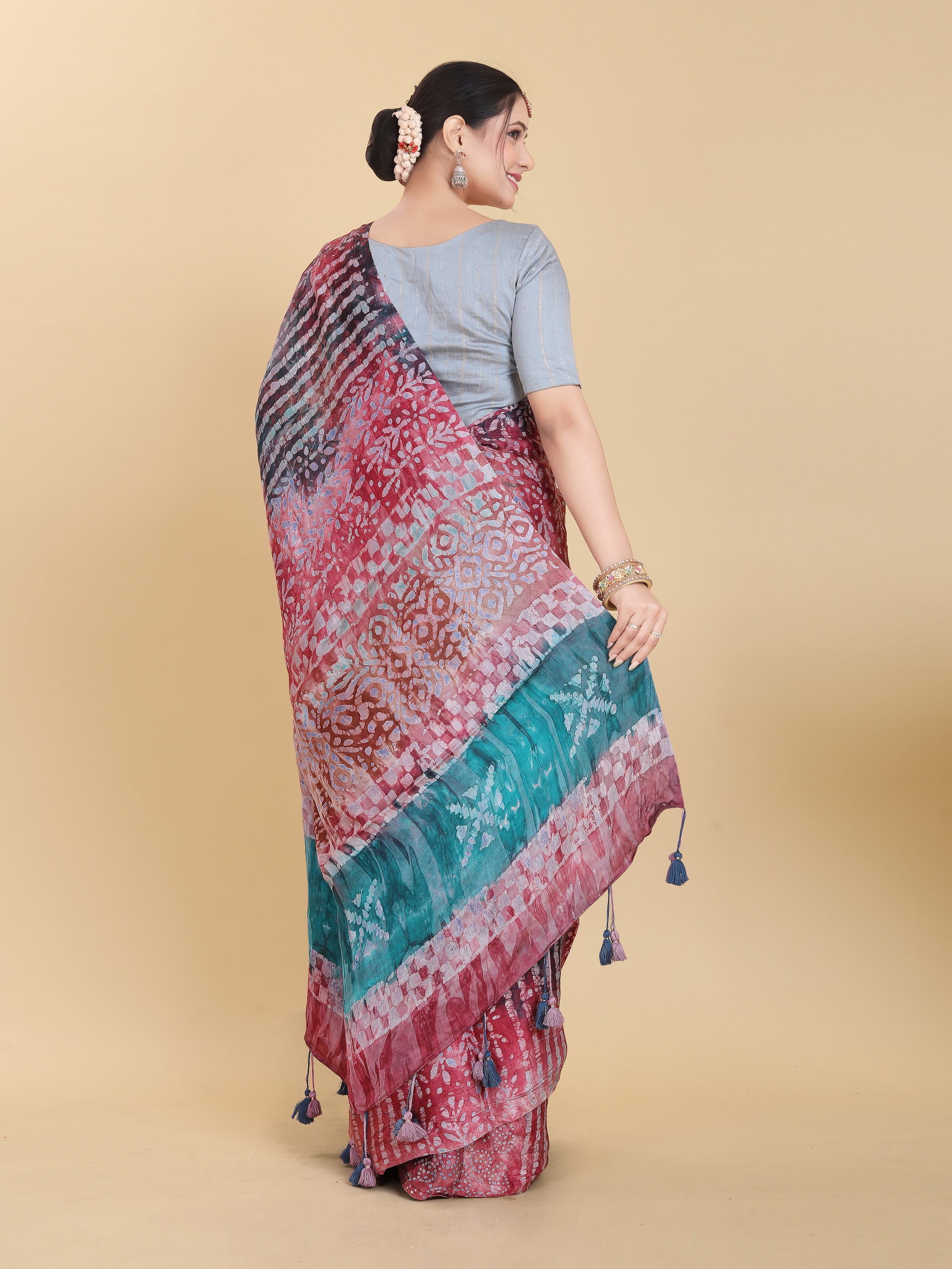 RED BEMBERG SATIN BATIK PRINTED SAREE WITH BLOUSE