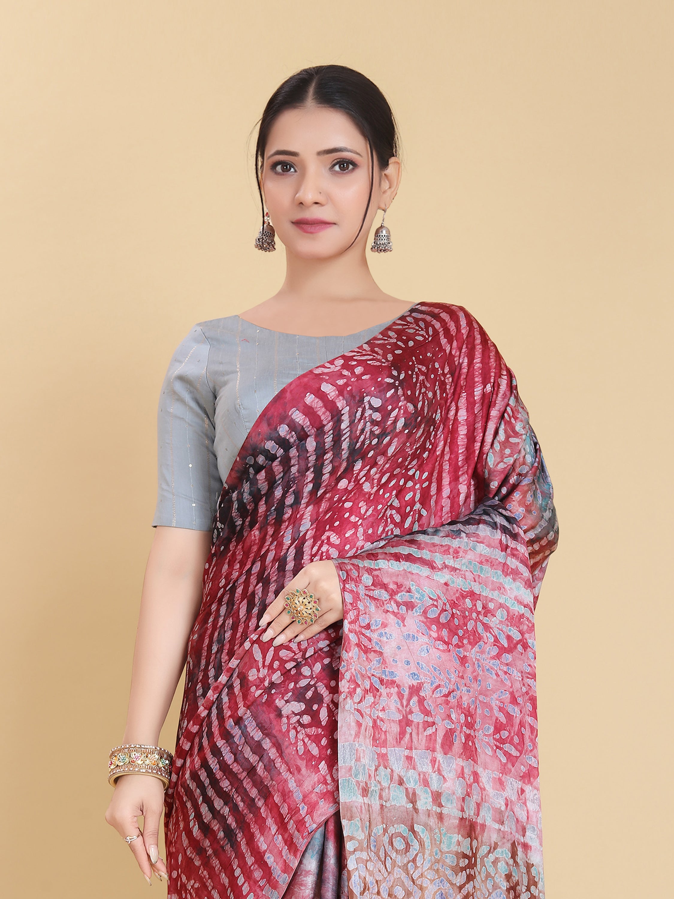 RED BEMBERG SATIN BATIK PRINTED SAREE WITH BLOUSE