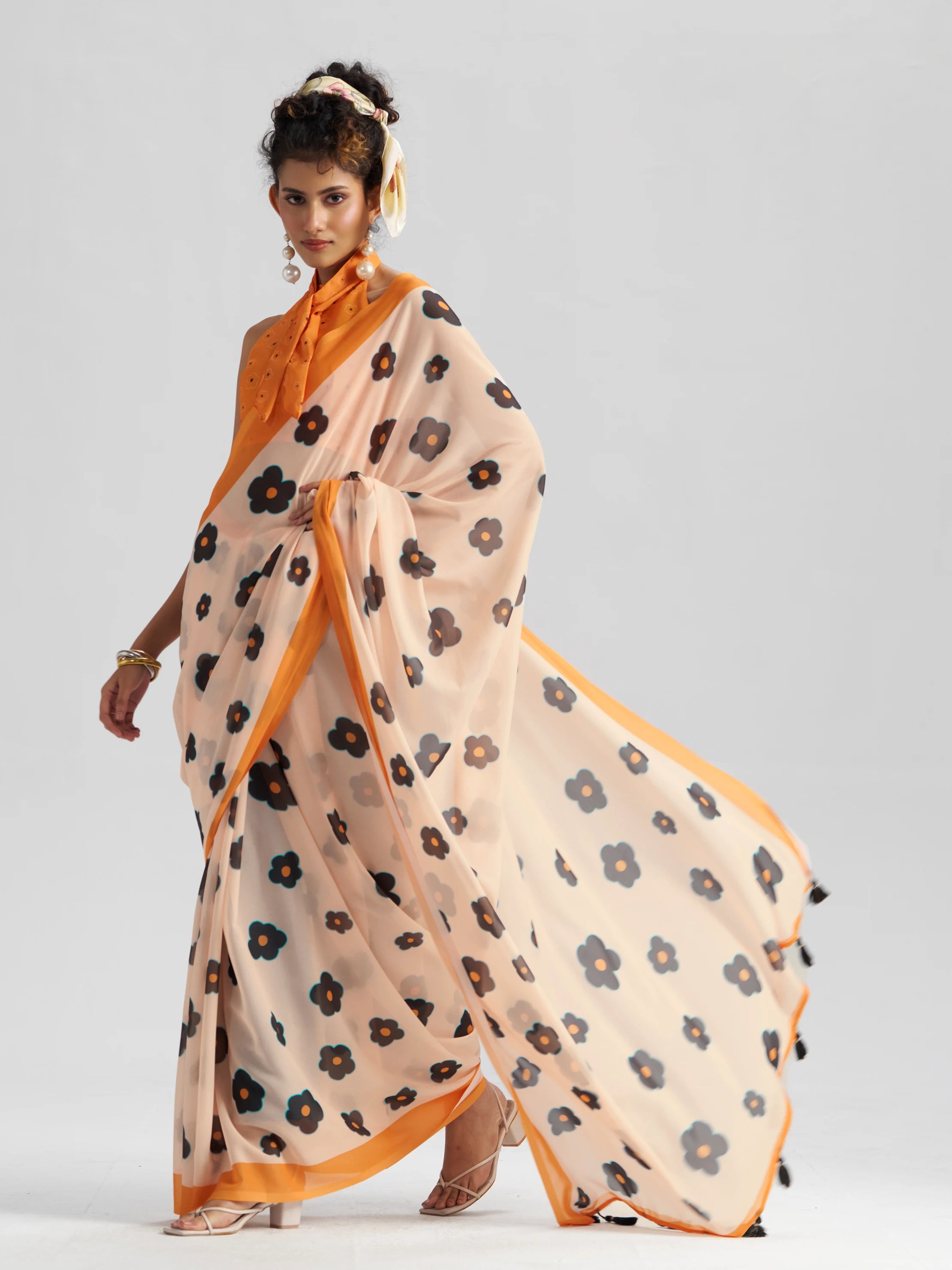 RETRO STYLE DIGITAL PRINTED MUSTARD BEIGE GEORGETTE SAREE