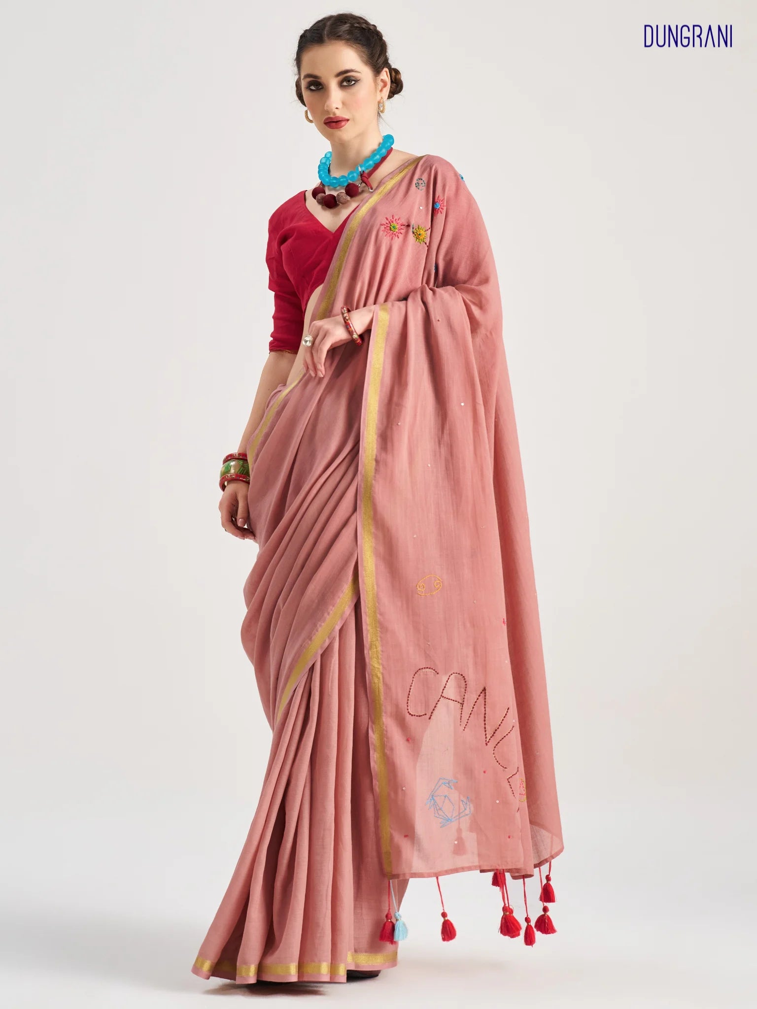 VISCOSE MUL CANCER VEDIC ZODIAC HAND EMBROIDERED SAREE WITH BLOUSE