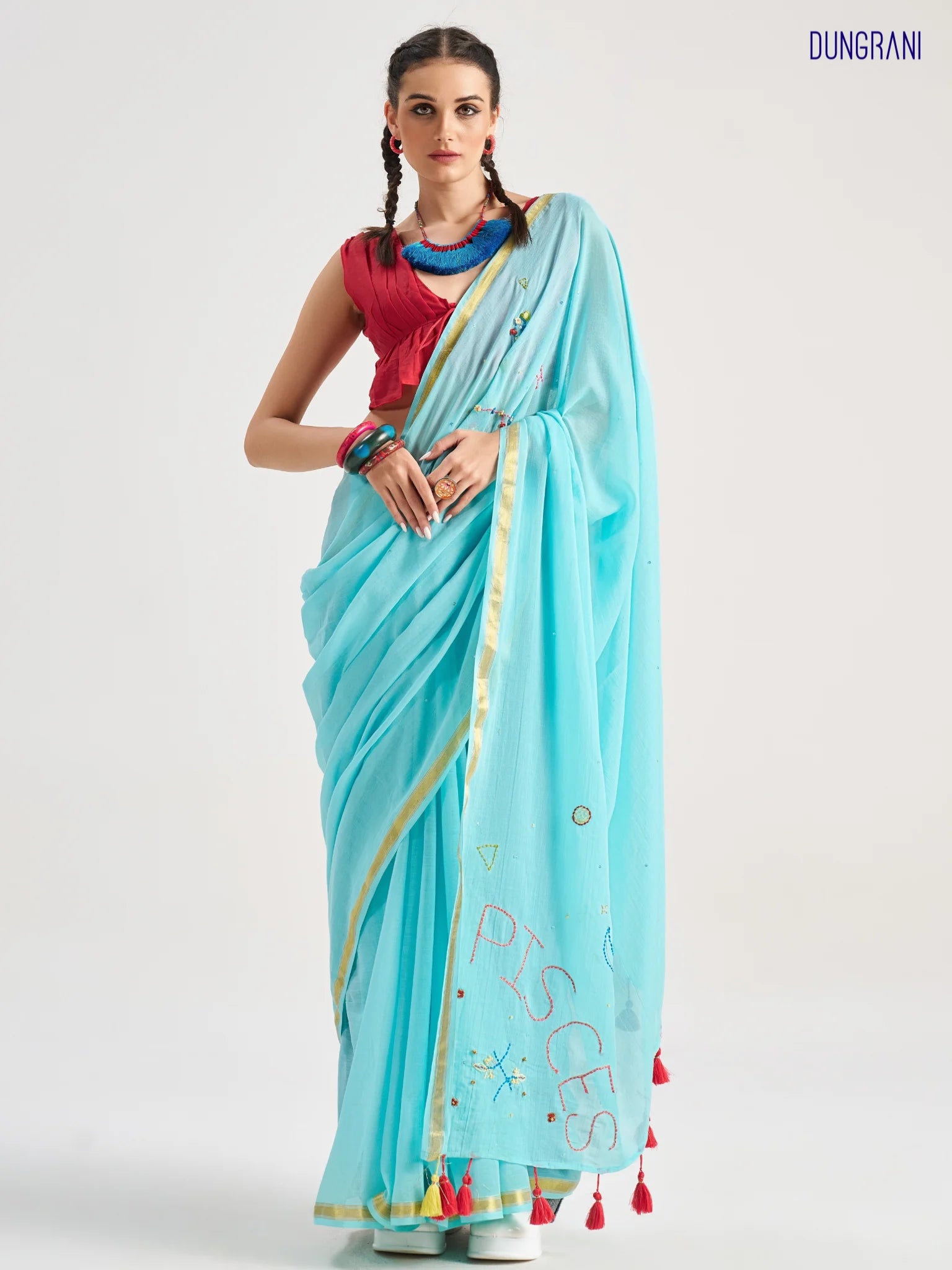 VISCOSE MUL PISCES VEDIC ZODIAC HAND EMBROIDERED SAREE