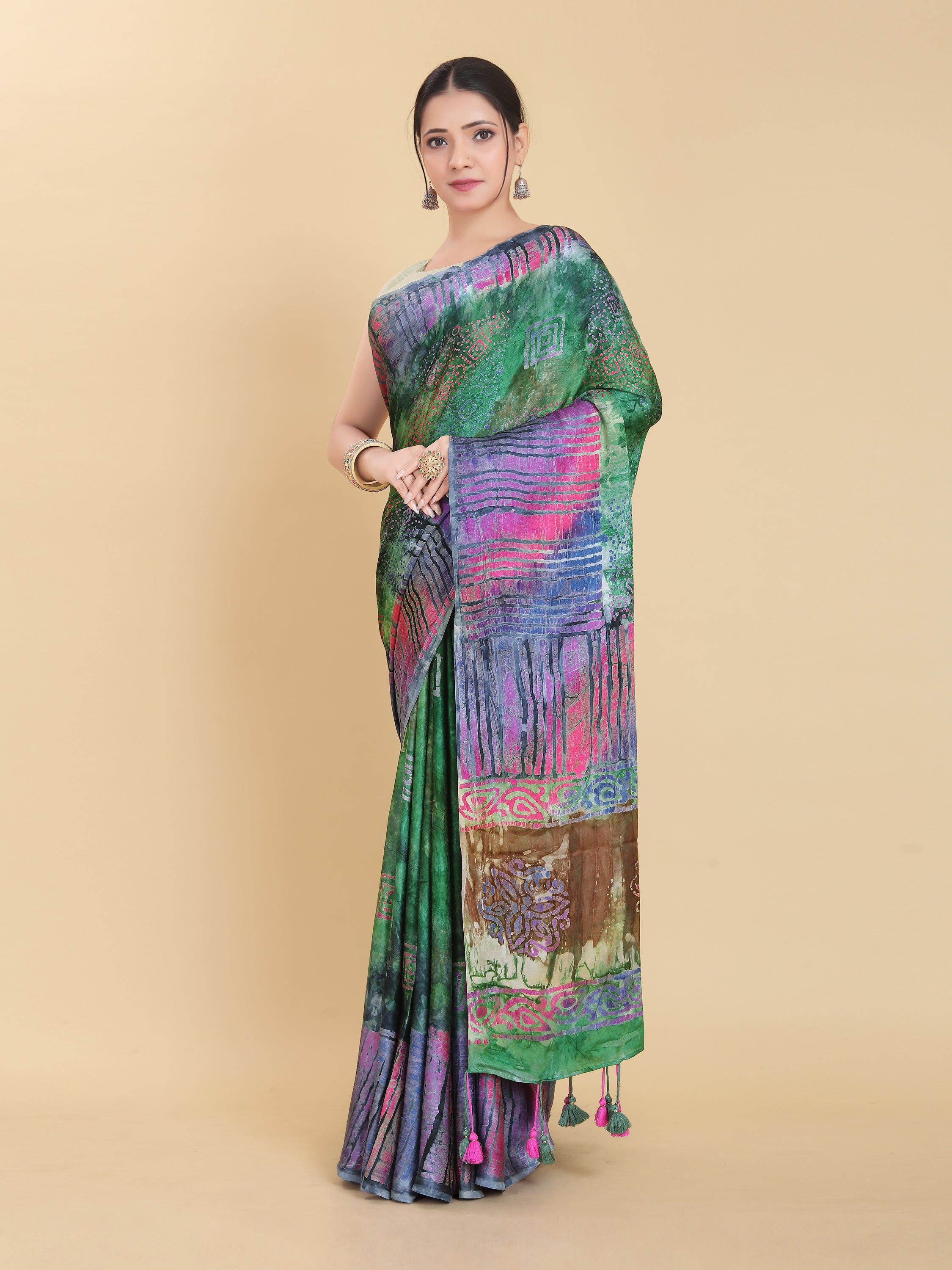GREEN BEMBERG SATIN BATIK PRINTED SAREE WITH BLOUSE