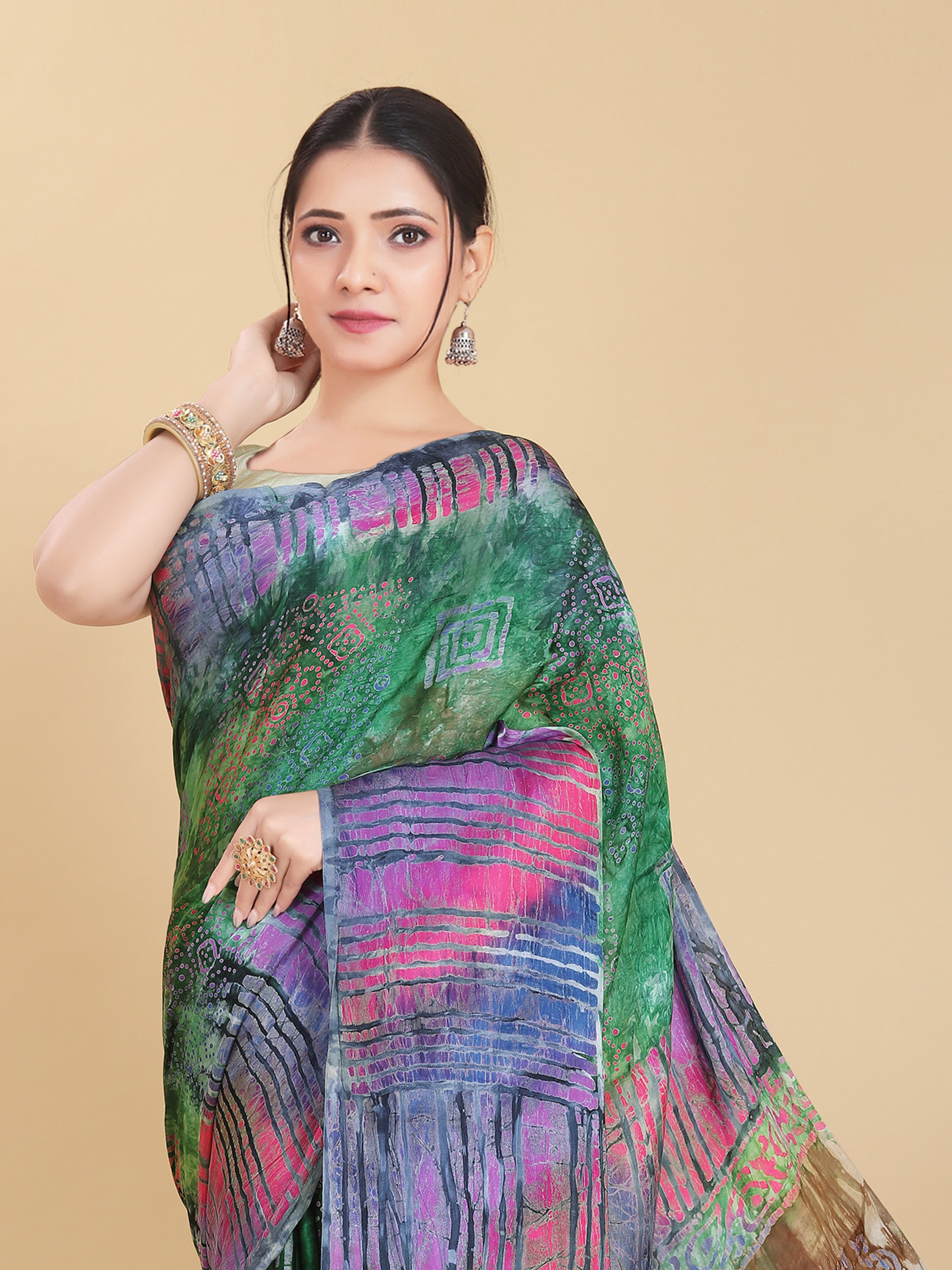 GREEN BEMBERG SATIN BATIK PRINTED SAREE WITH BLOUSE