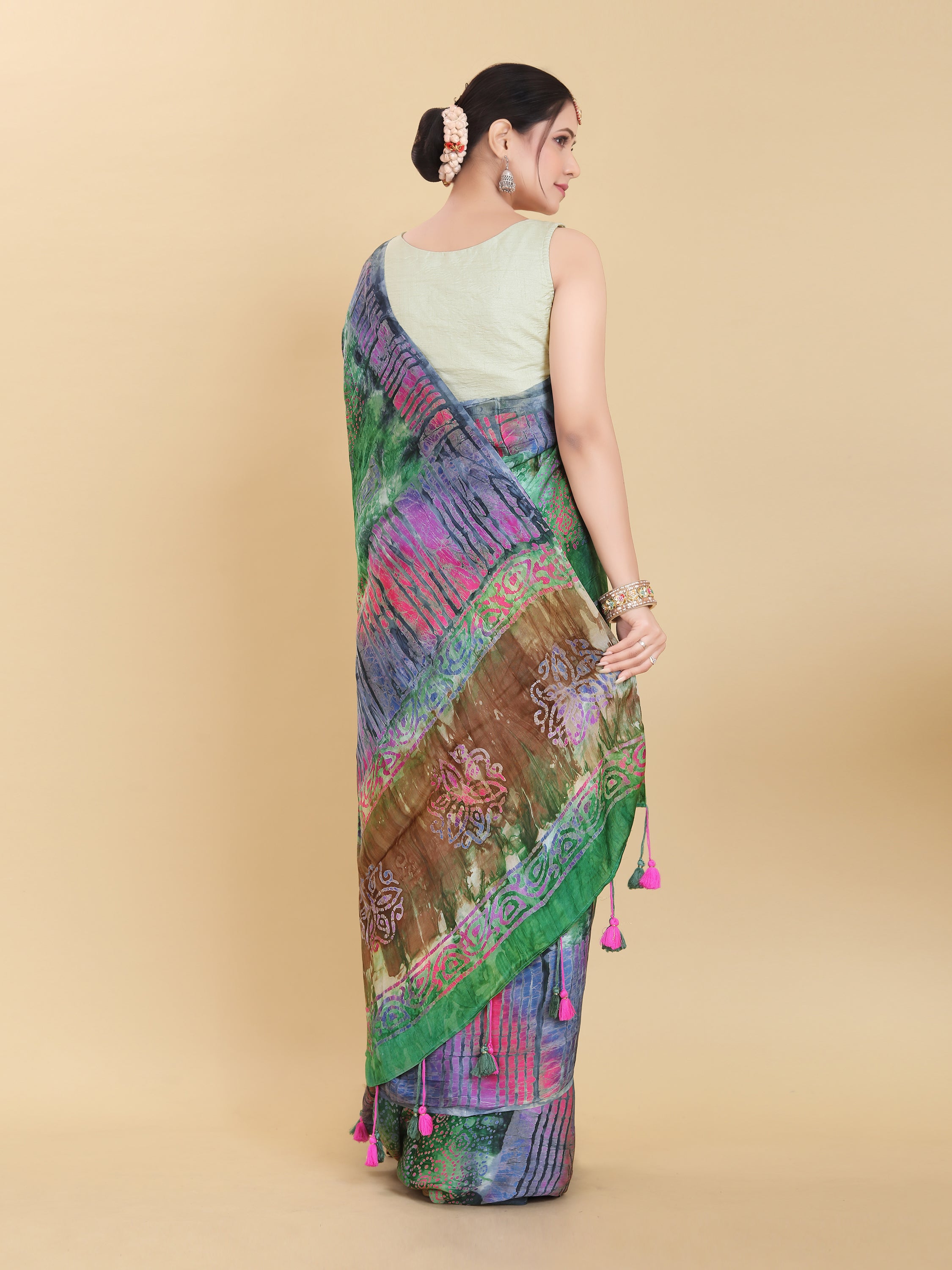 GREEN BEMBERG SATIN BATIK PRINTED SAREE WITH BLOUSE