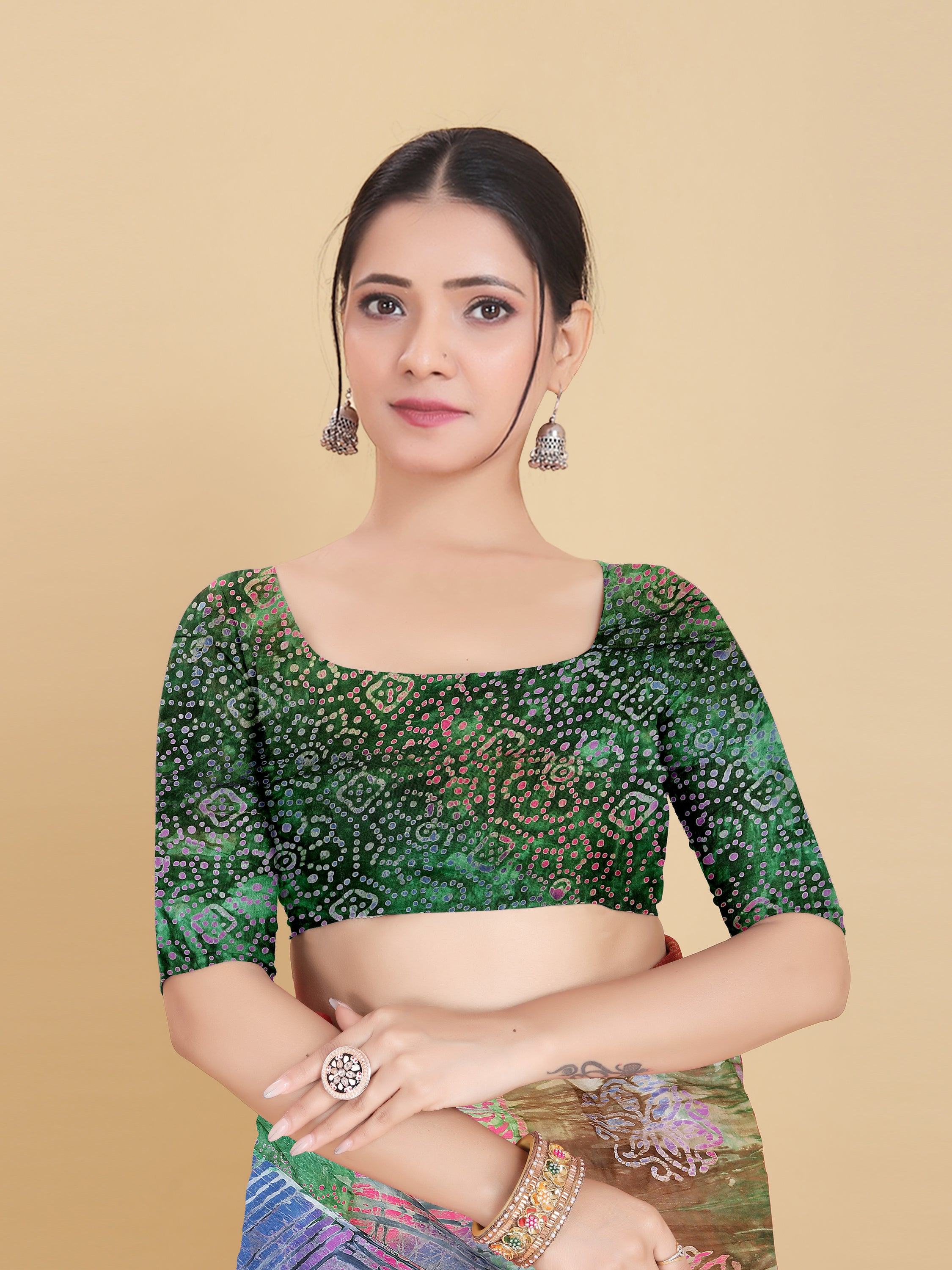GREEN BEMBERG SATIN BATIK PRINTED SAREE WITH BLOUSE