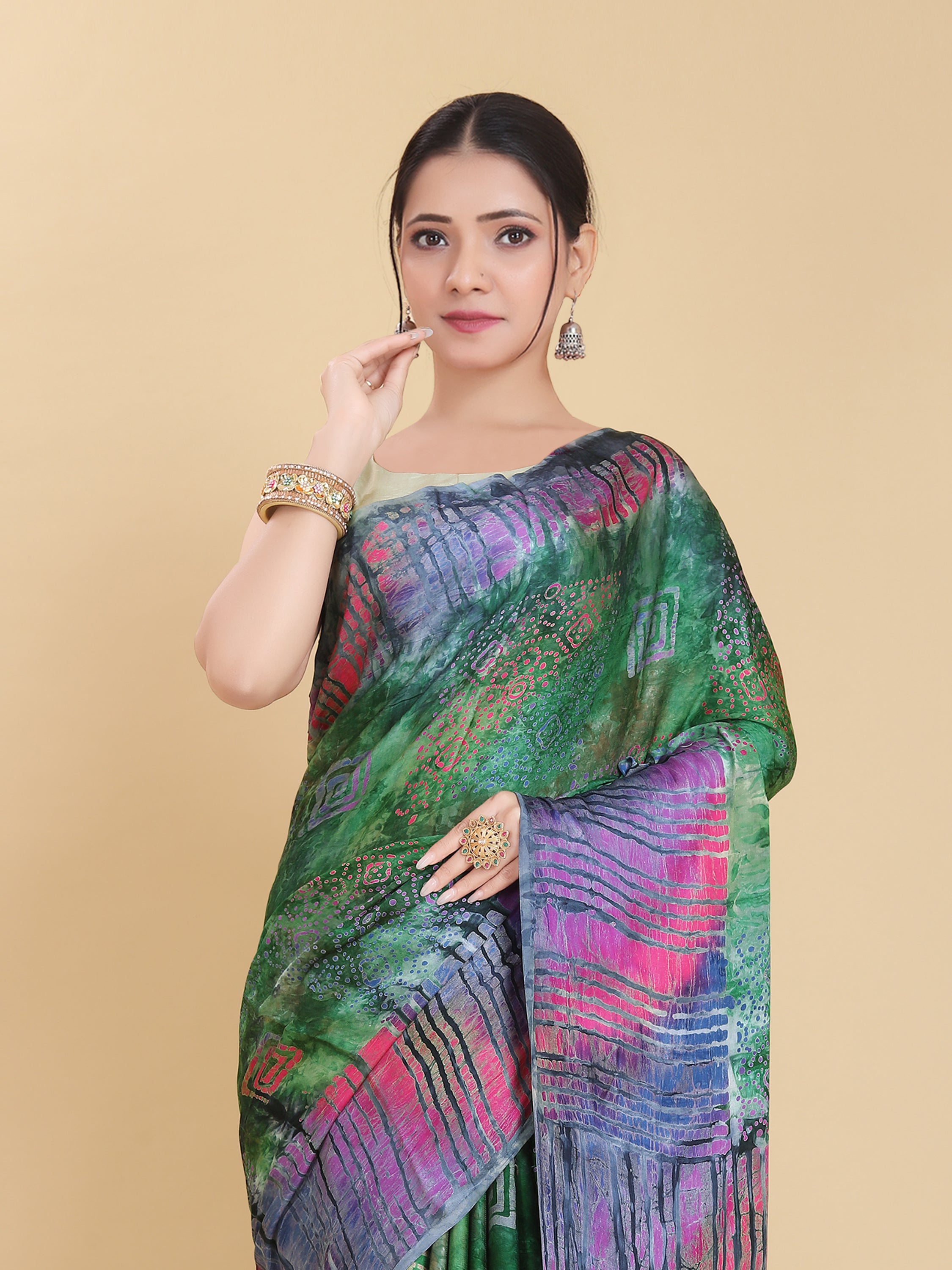 GREEN BEMBERG SATIN BATIK PRINTED SAREE WITH BLOUSE