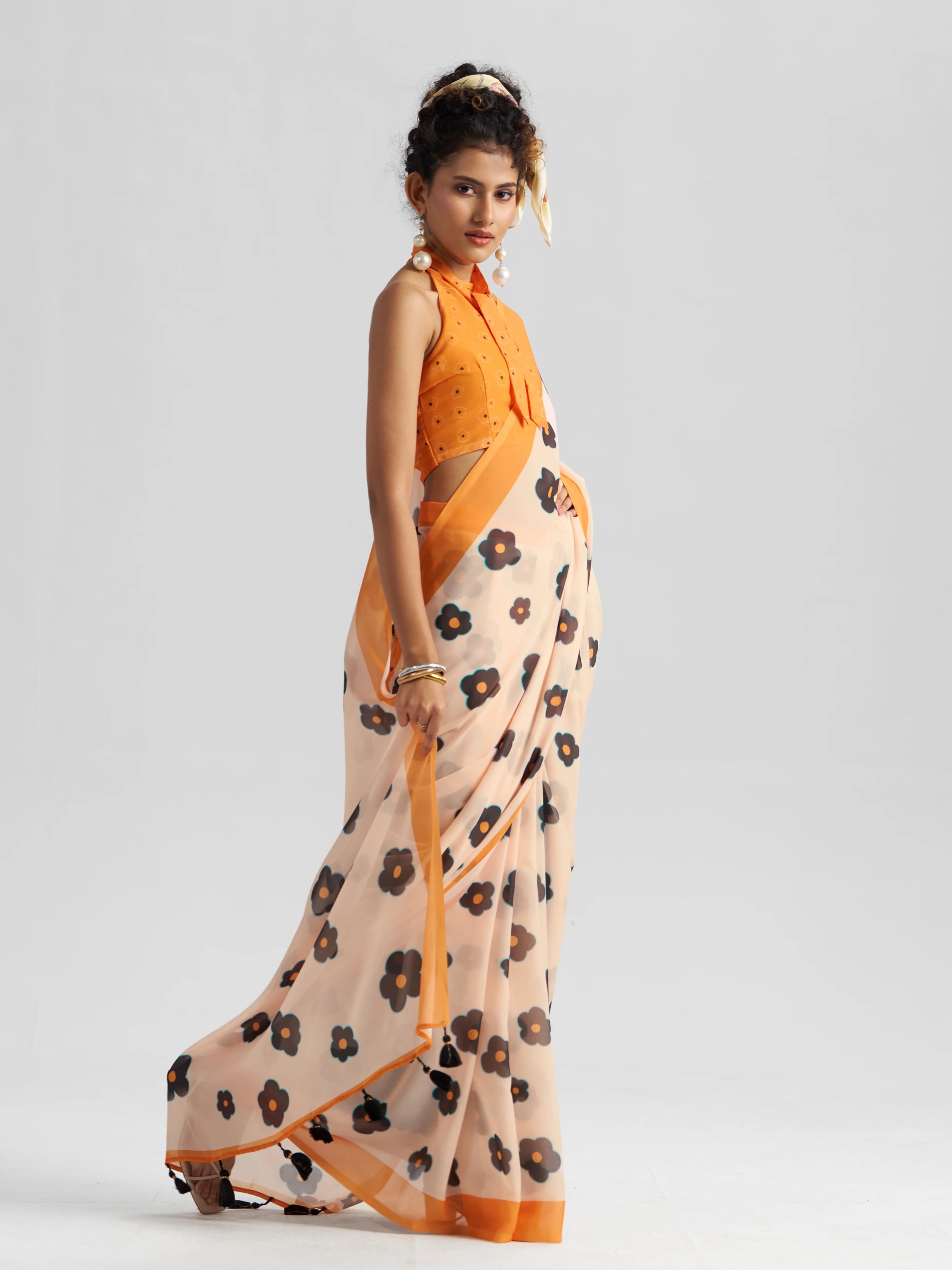 RETRO STYLE DIGITAL PRINTED MUSTARD BEIGE GEORGETTE SAREE