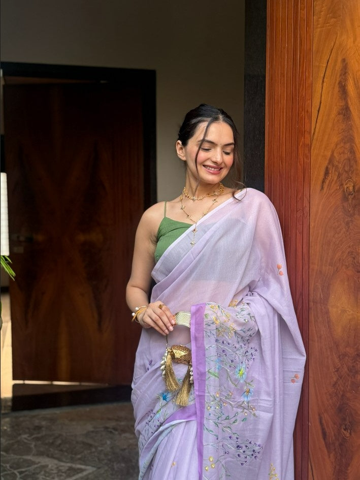 ANUSHA PATEL SUPER FEEL LAVENDER HAND EMBROIDERY DESIGNER SAREE