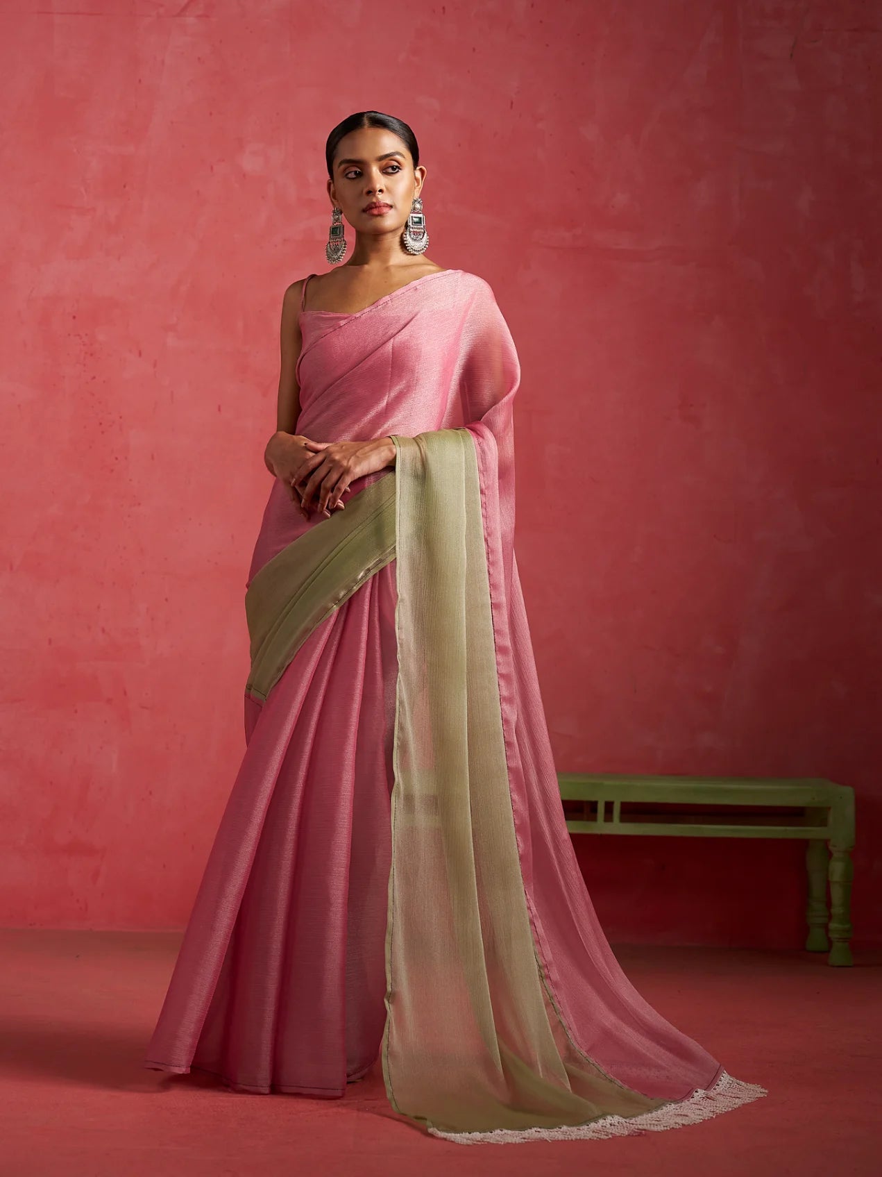 PINK & PISTA GLOW CHIFFON READY-TO-WEAR SAREE