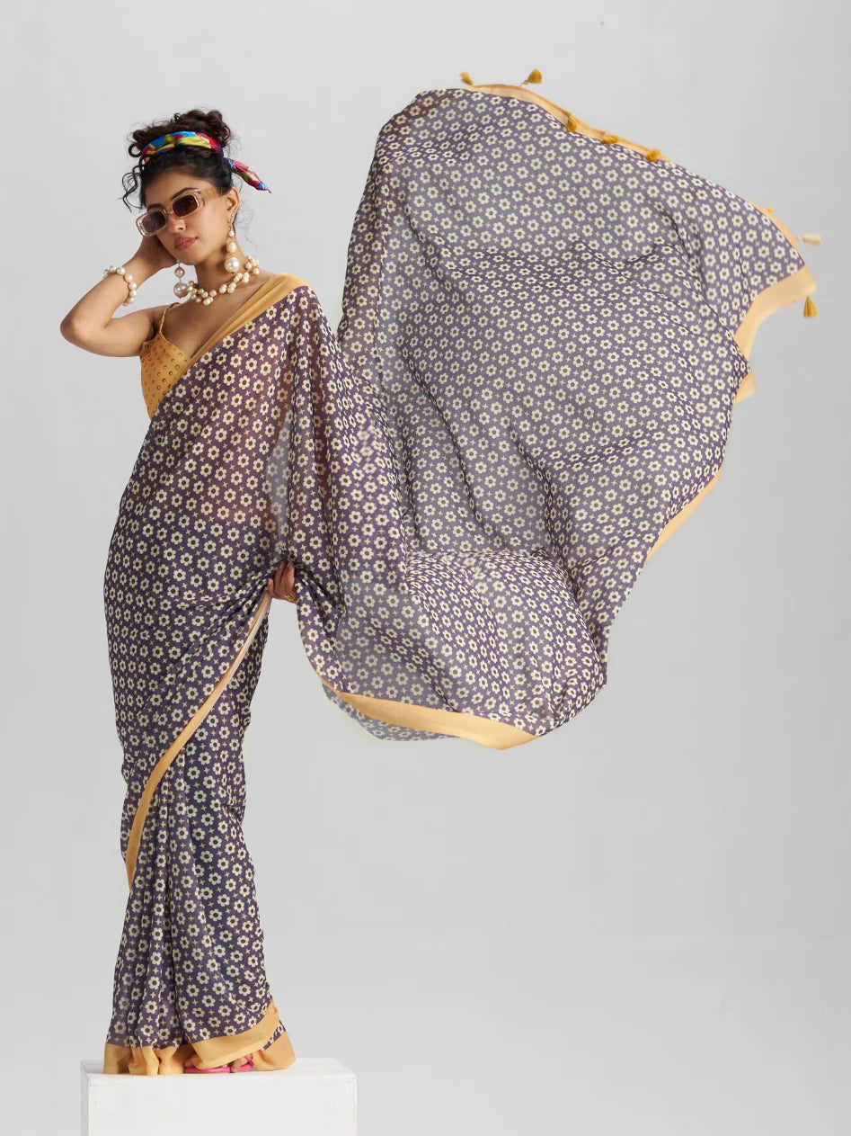 RETRO STYLE DIGITAL PRINTED MIDNIGHT BLUE GEORGETTE SAREE