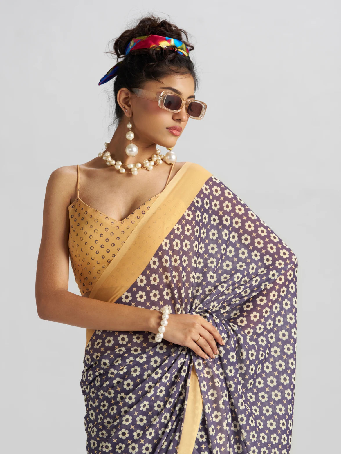 RETRO STYLE DIGITAL PRINTED MIDNIGHT BLUE GEORGETTE SAREE