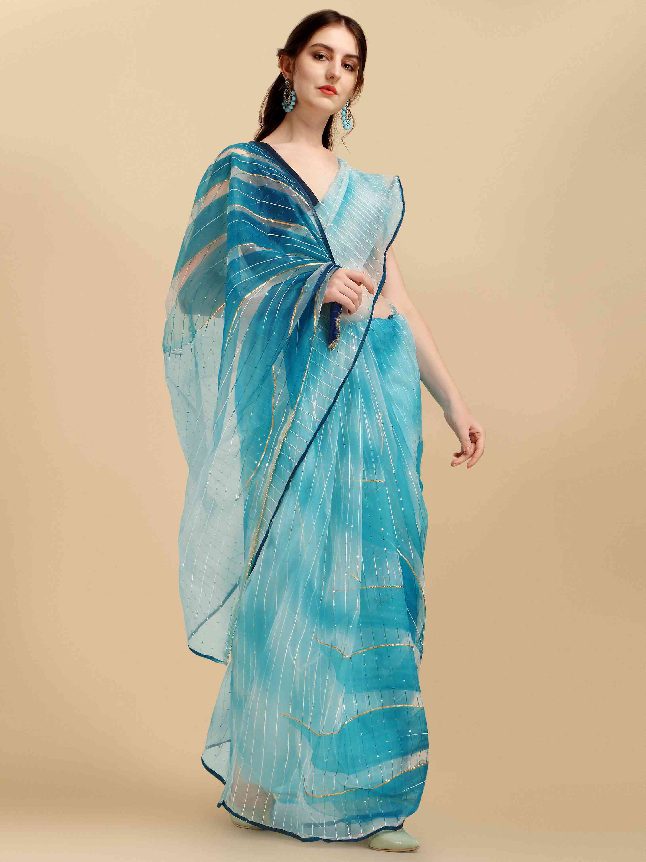 BLUE HAND PAINTED FEEZY ORGANZA SILK SAREE