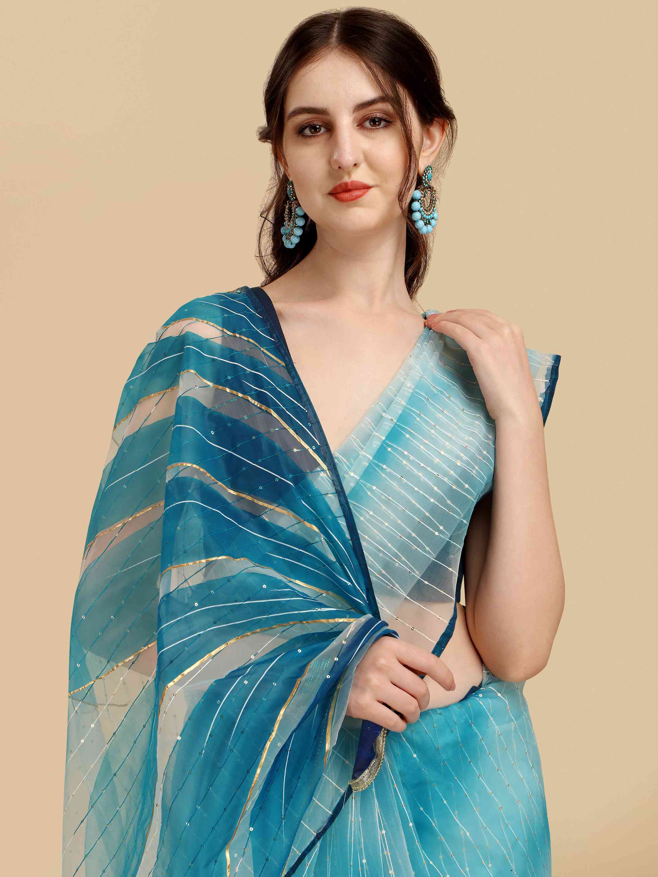BLUE HAND PAINTED FEEZY ORGANZA SILK SAREE