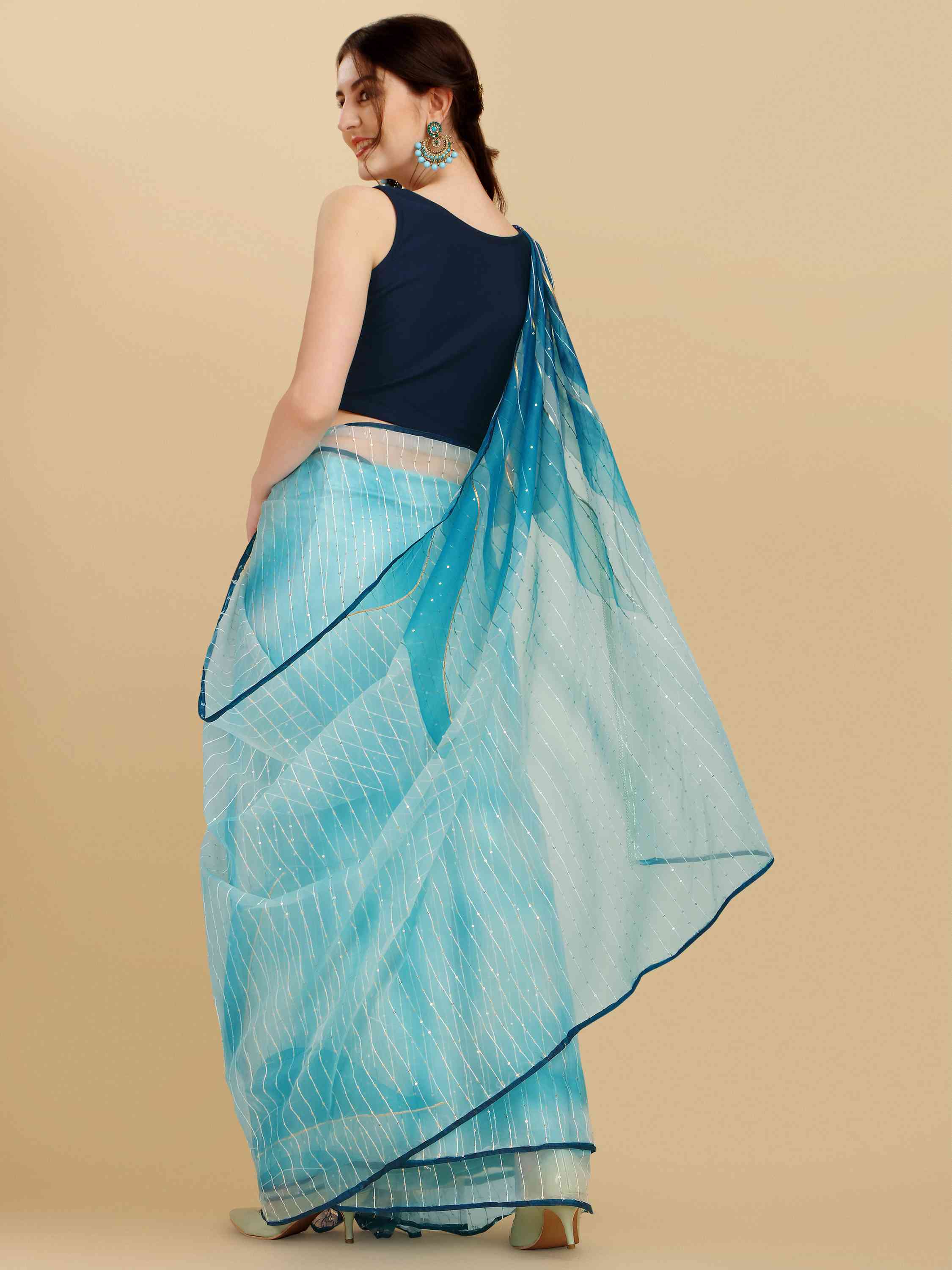 BLUE HAND PAINTED FEEZY ORGANZA SILK SAREE