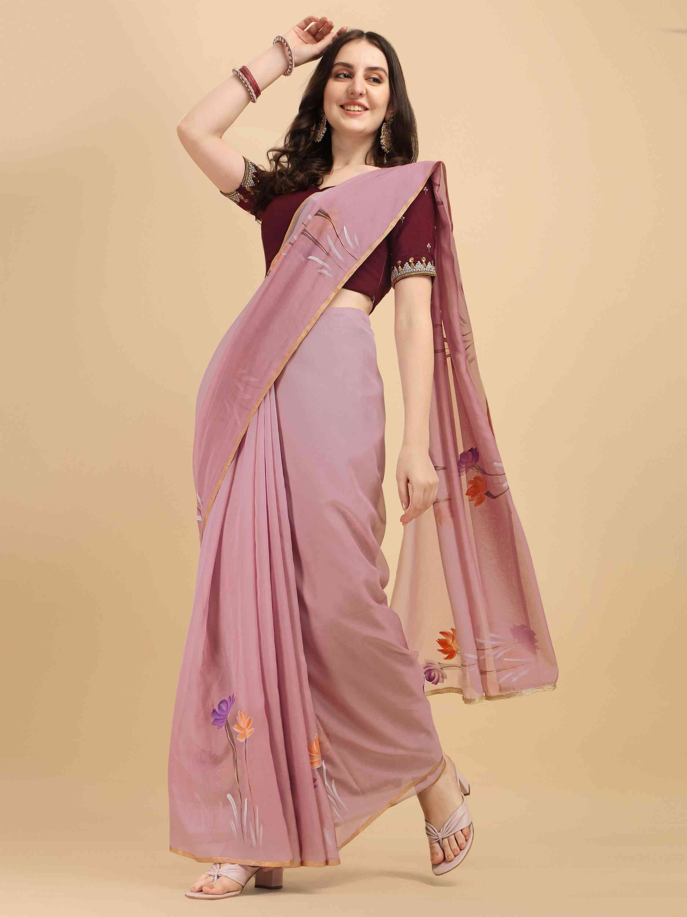 MAUVE PINK HAND PAINTED FEEZY ORGANZA SILK SAREE