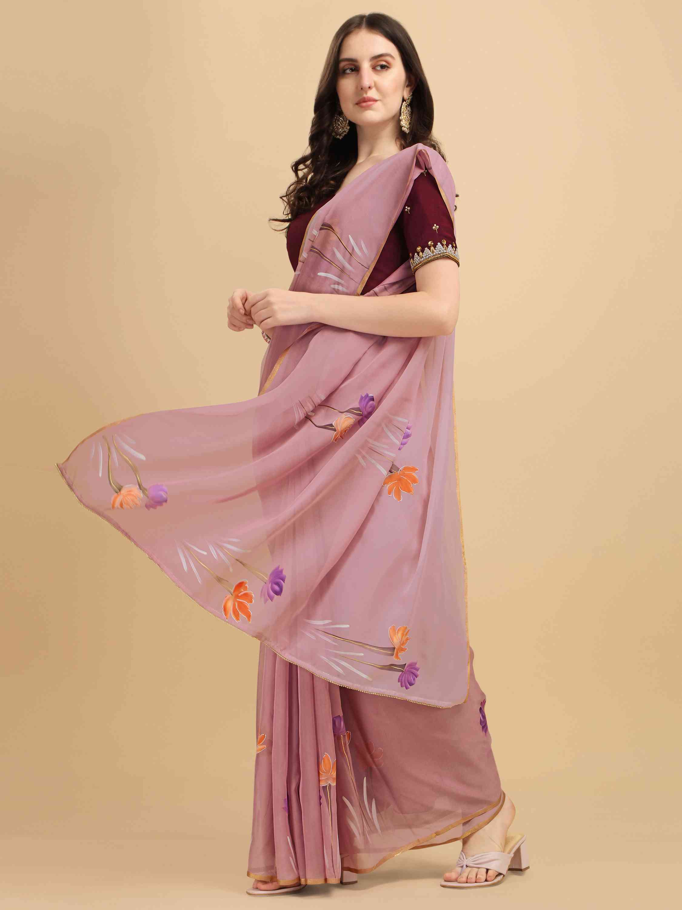 DUNGRANI PINK HAND PAINTED FEEZY ORGANZA SILK SAREE