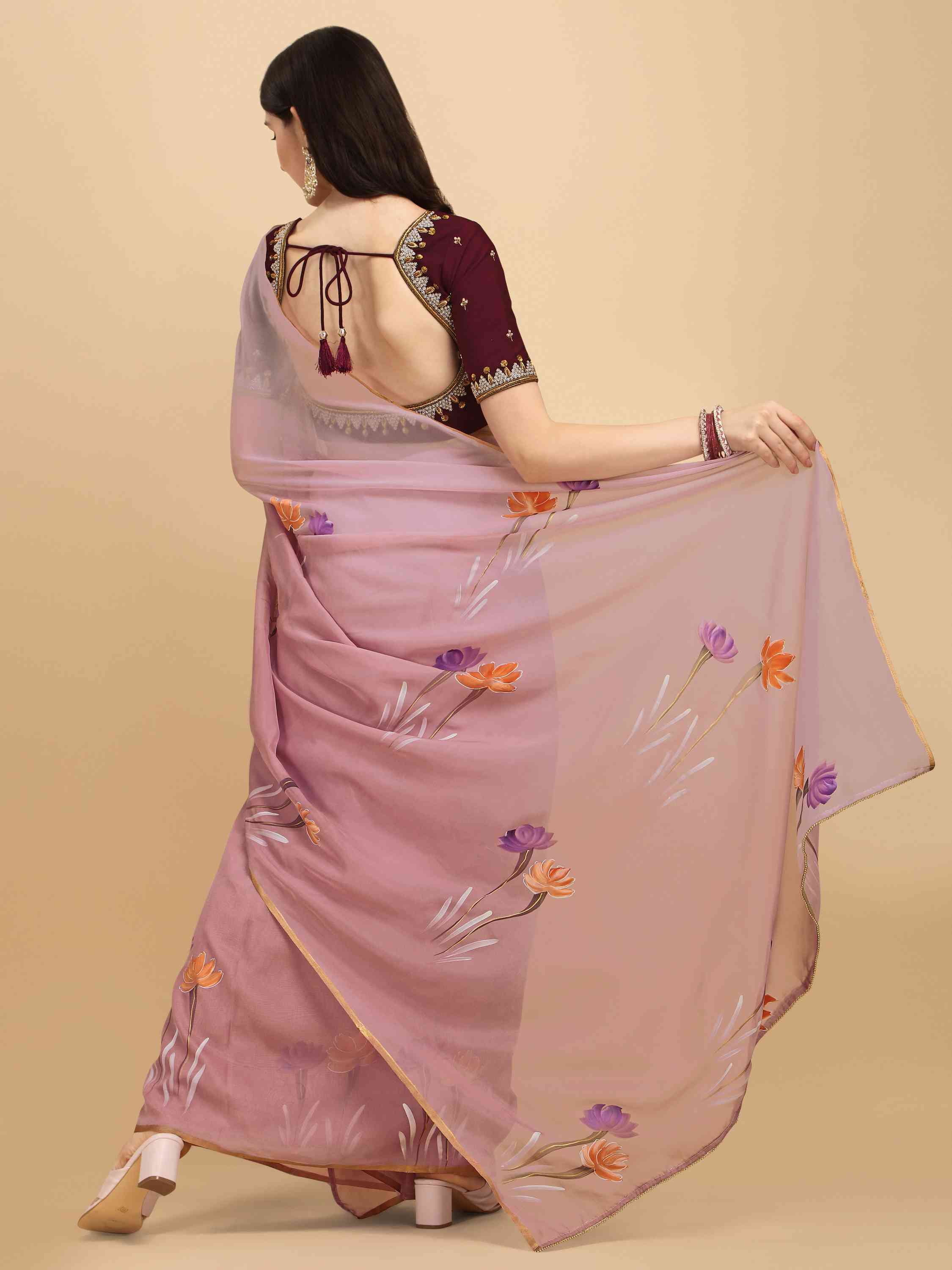 MAUVE PINK HAND PAINTED FEEZY ORGANZA SILK SAREE