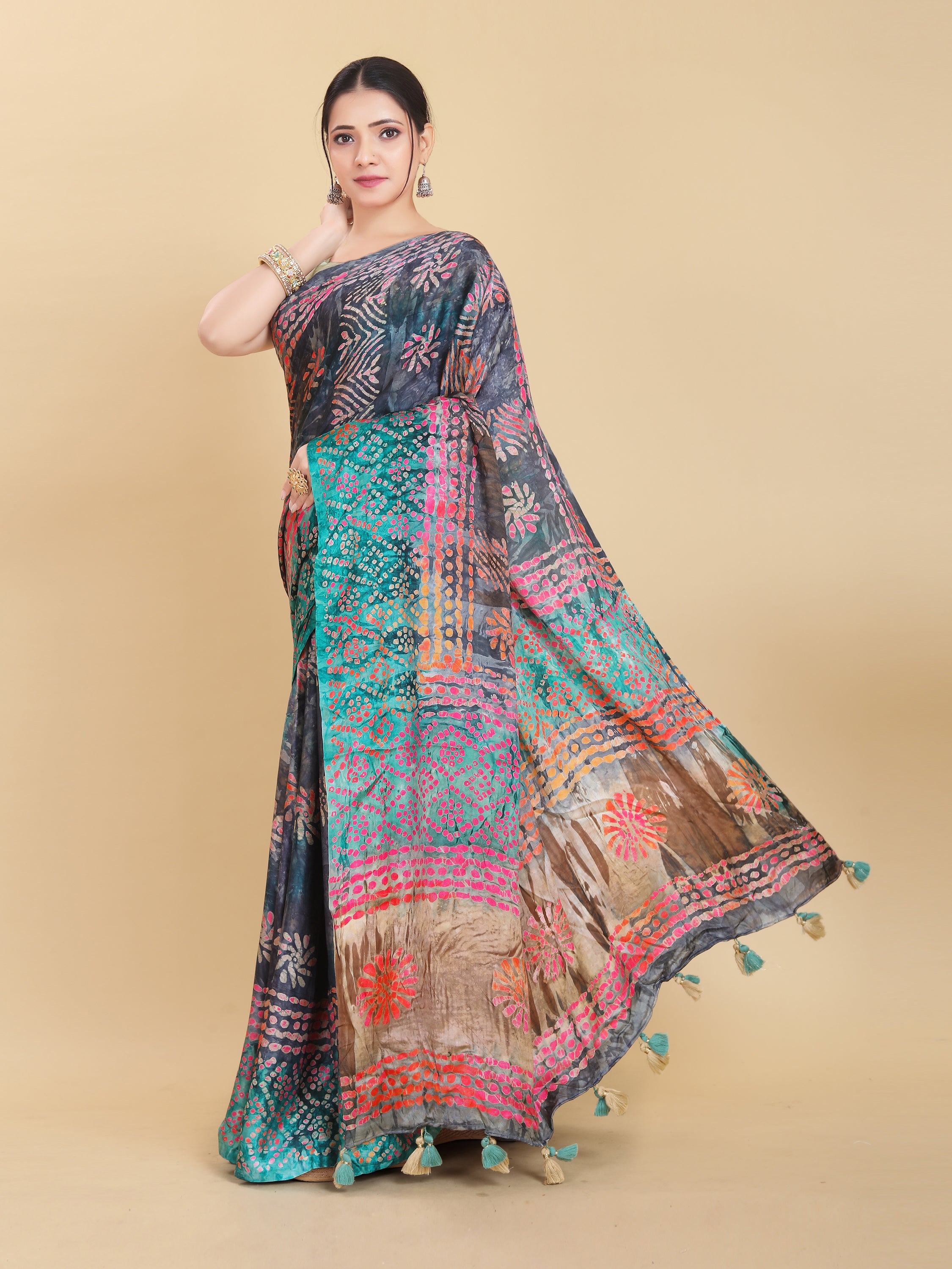 BLUE BEMBERG SATIN BATIK PRINTED SAREE WITH BLOUSE