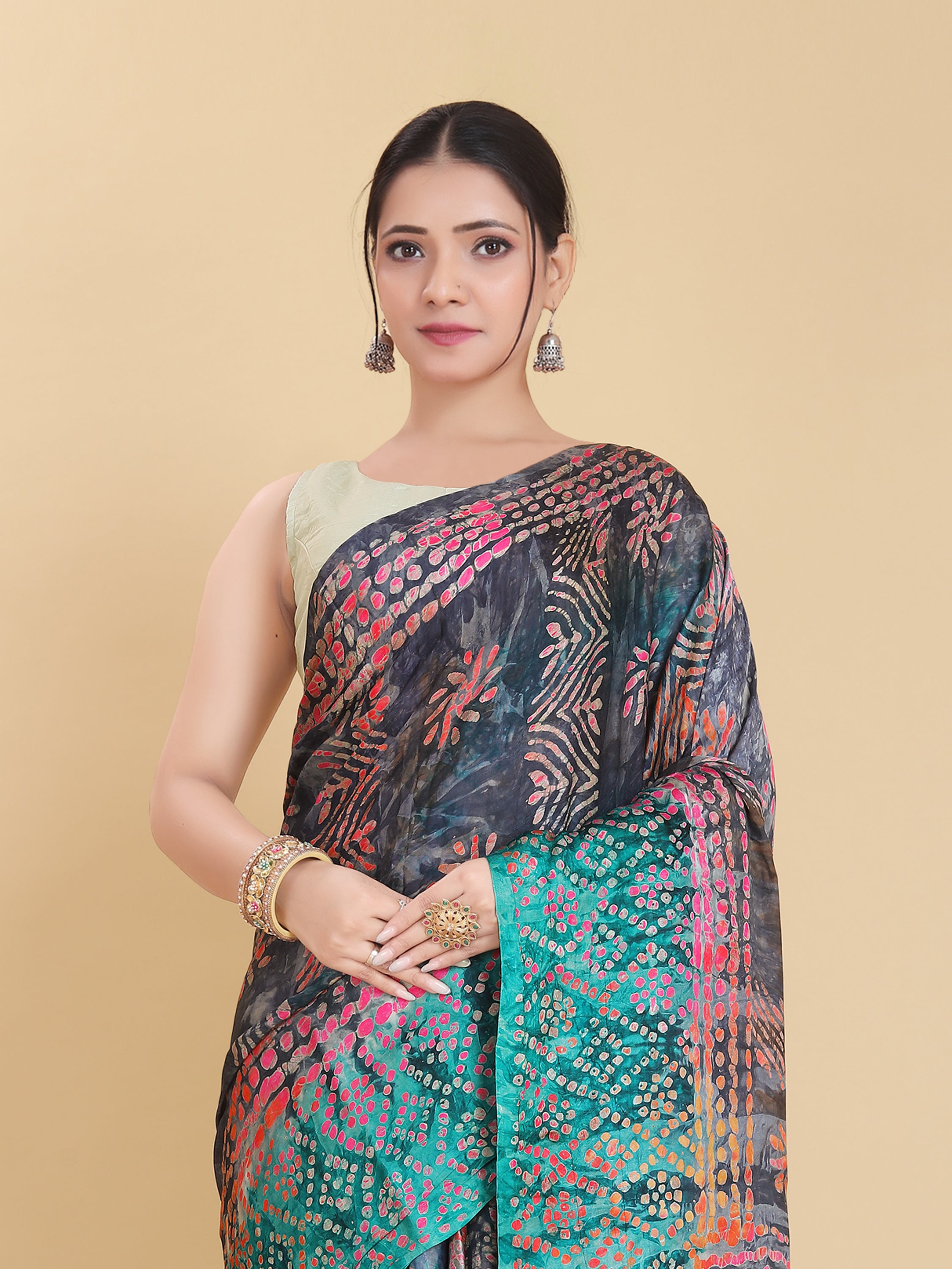 BLUE BEMBERG SATIN BATIK PRINTED SAREE WITH BLOUSE