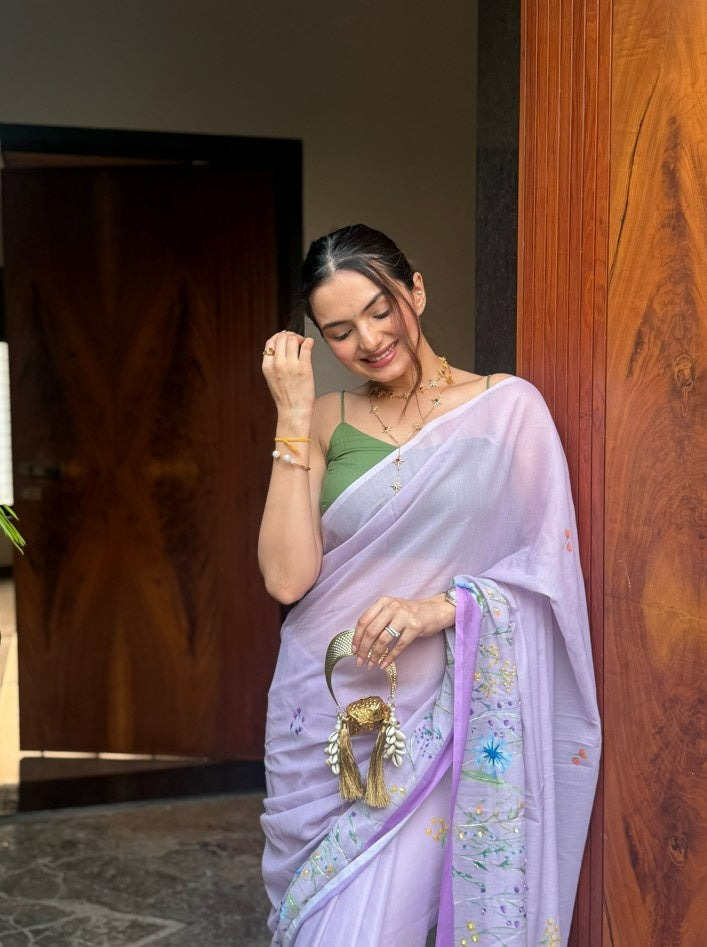 ANUSHA PATEL SUPER FEEL LAVENDER HAND EMBROIDERY DESIGNER SAREE