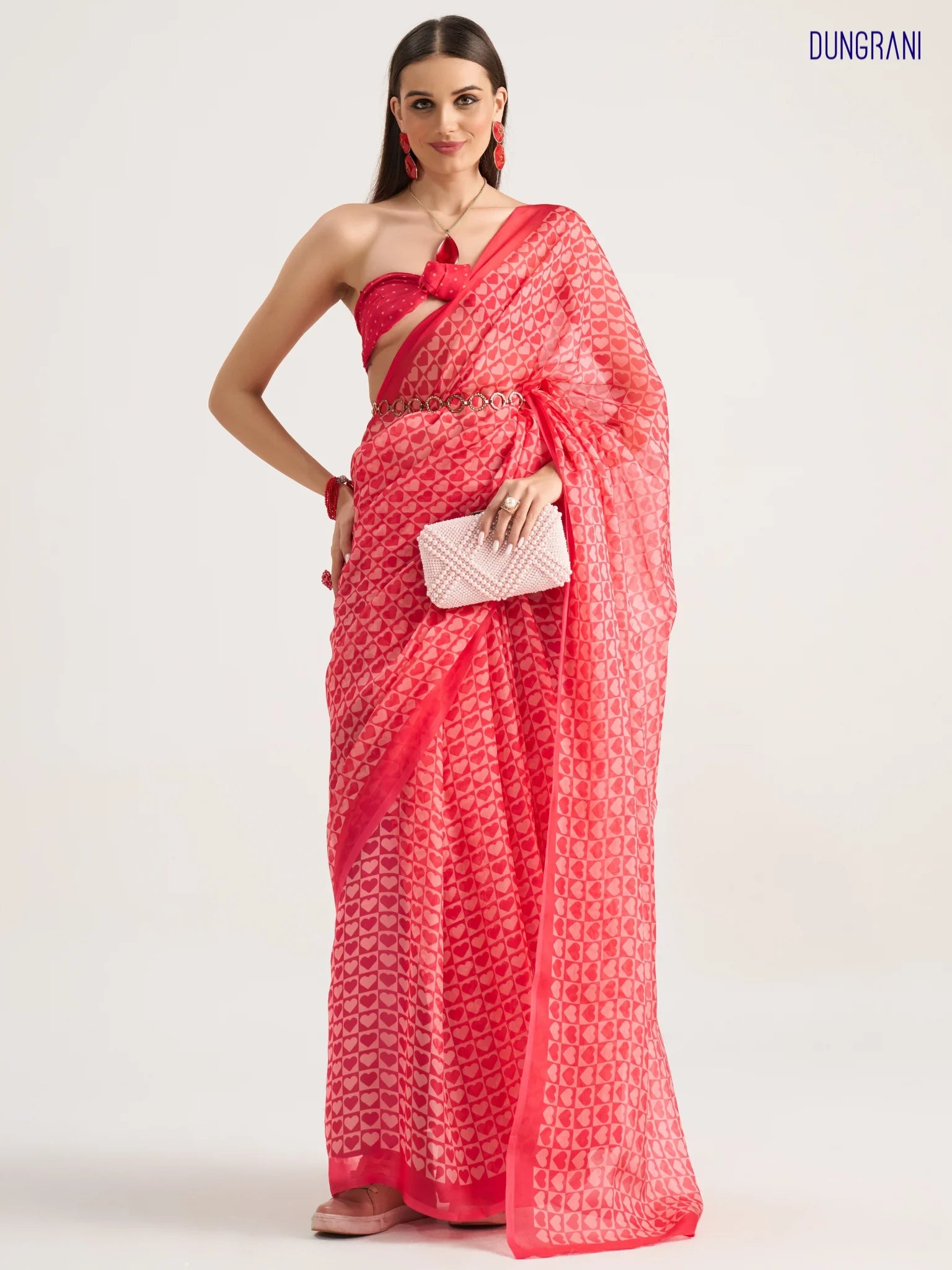 VISCOSE ORGANZA DIGITAL PRINTED RED SAREE WITH BLOUSE