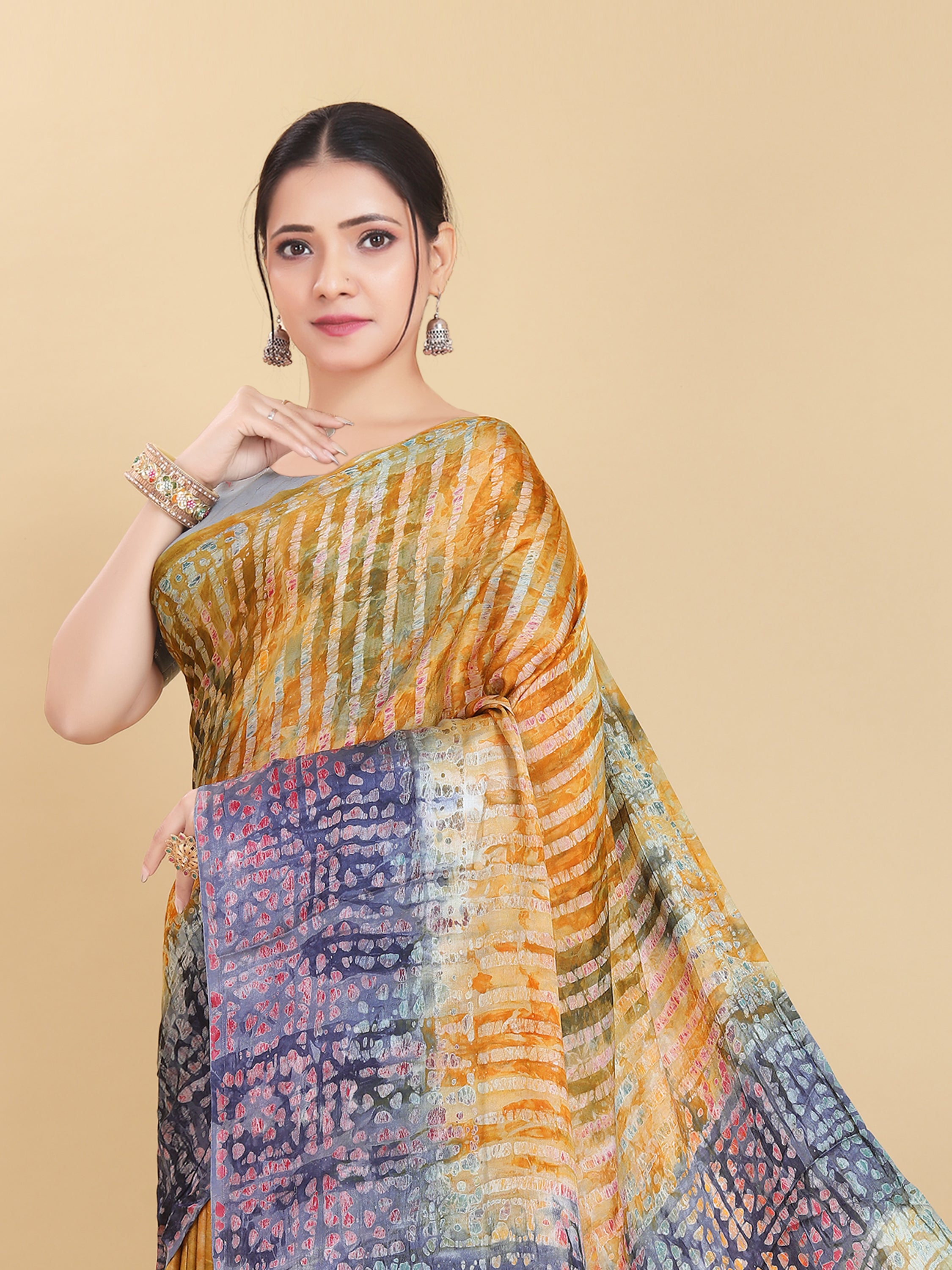 YELLOW BEMBERG SATIN BATIK PRINTED SAREE WITH BLOUSE
