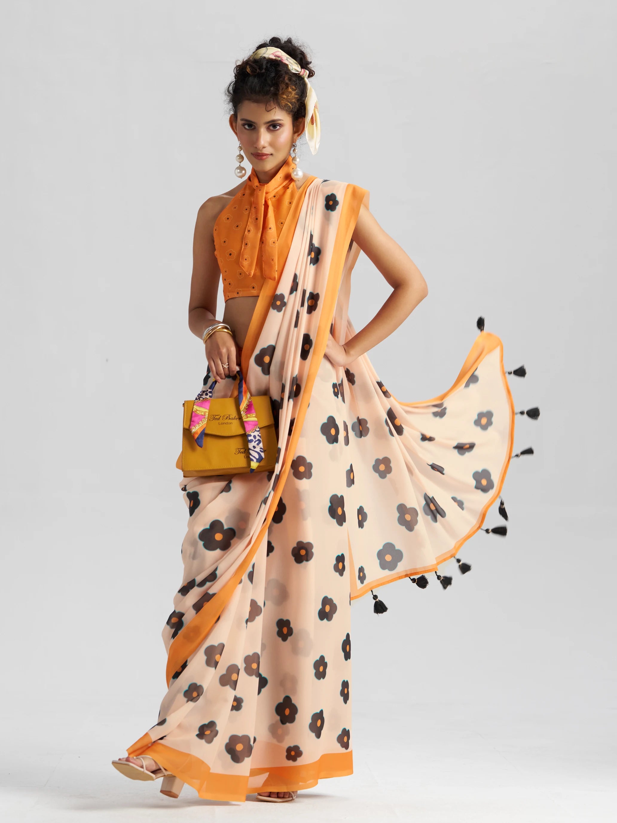 RETRO STYLE DIGITAL PRINTED MUSTARD BEIGE GEORGETTE SAREE