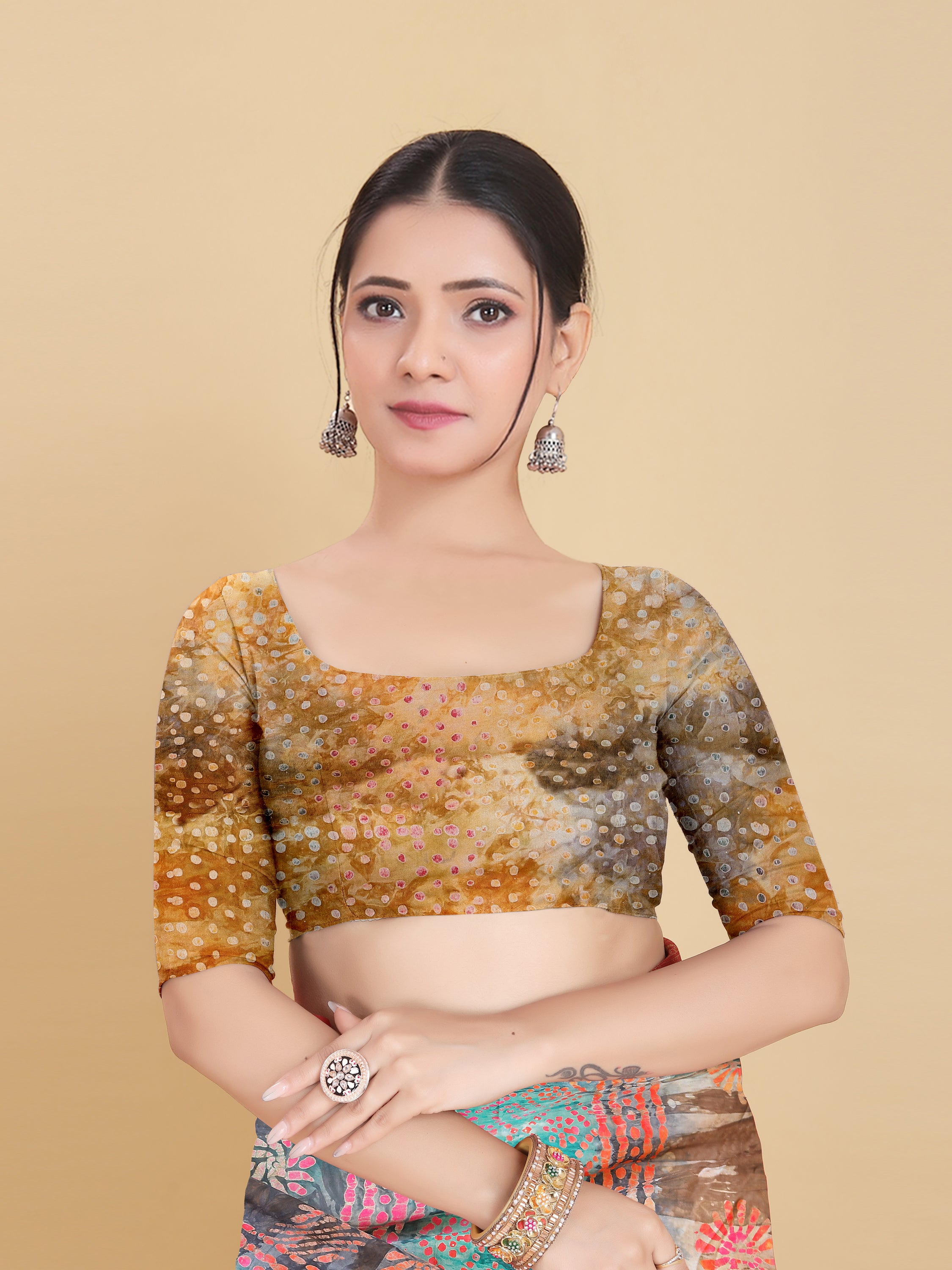 YELLOW BEMBERG SATIN BATIK PRINTED SAREE WITH BLOUSE
