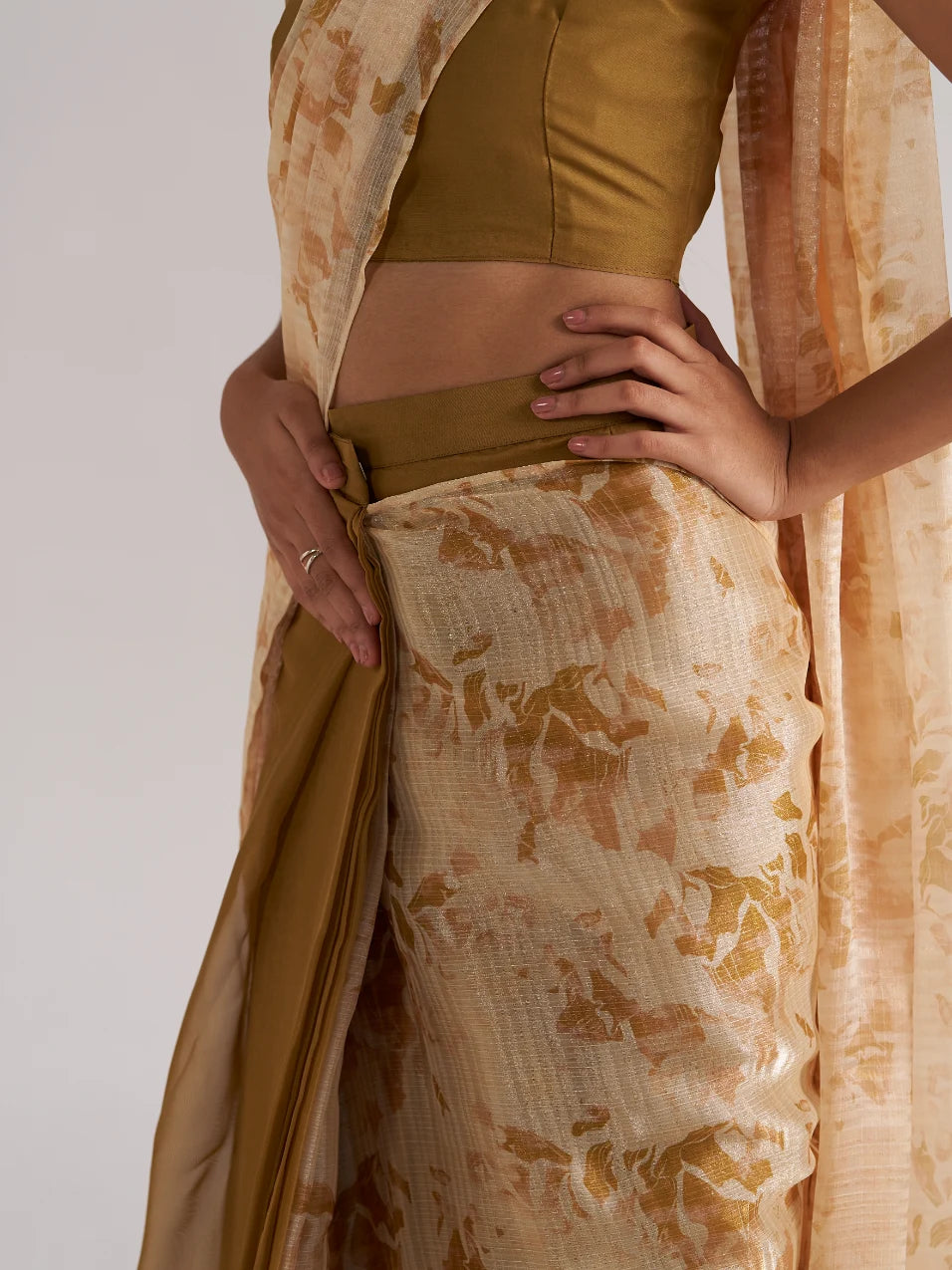 BROWN ZIRCON READY TO WEAR SAREE WITH BLOUSE