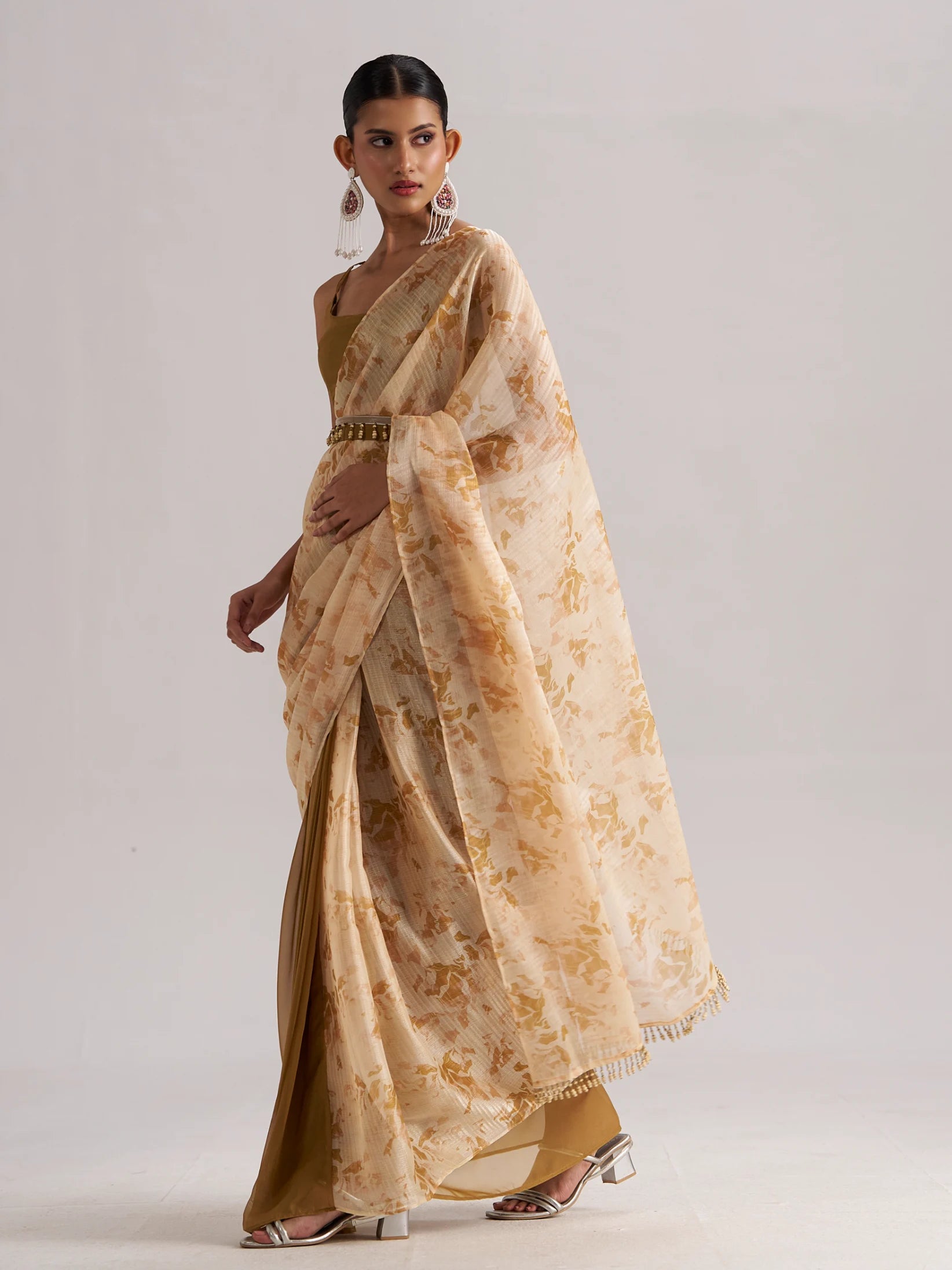 BROWN ZIRCON READY TO WEAR SAREE WITH BLOUSE